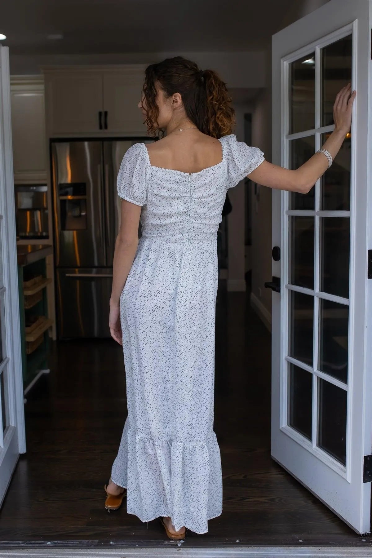 White & Black Polka Dot Ruched Top Puff Short Sleeve Maxi Dress /1-2-2-1 - Tasha Apparel Wholesale