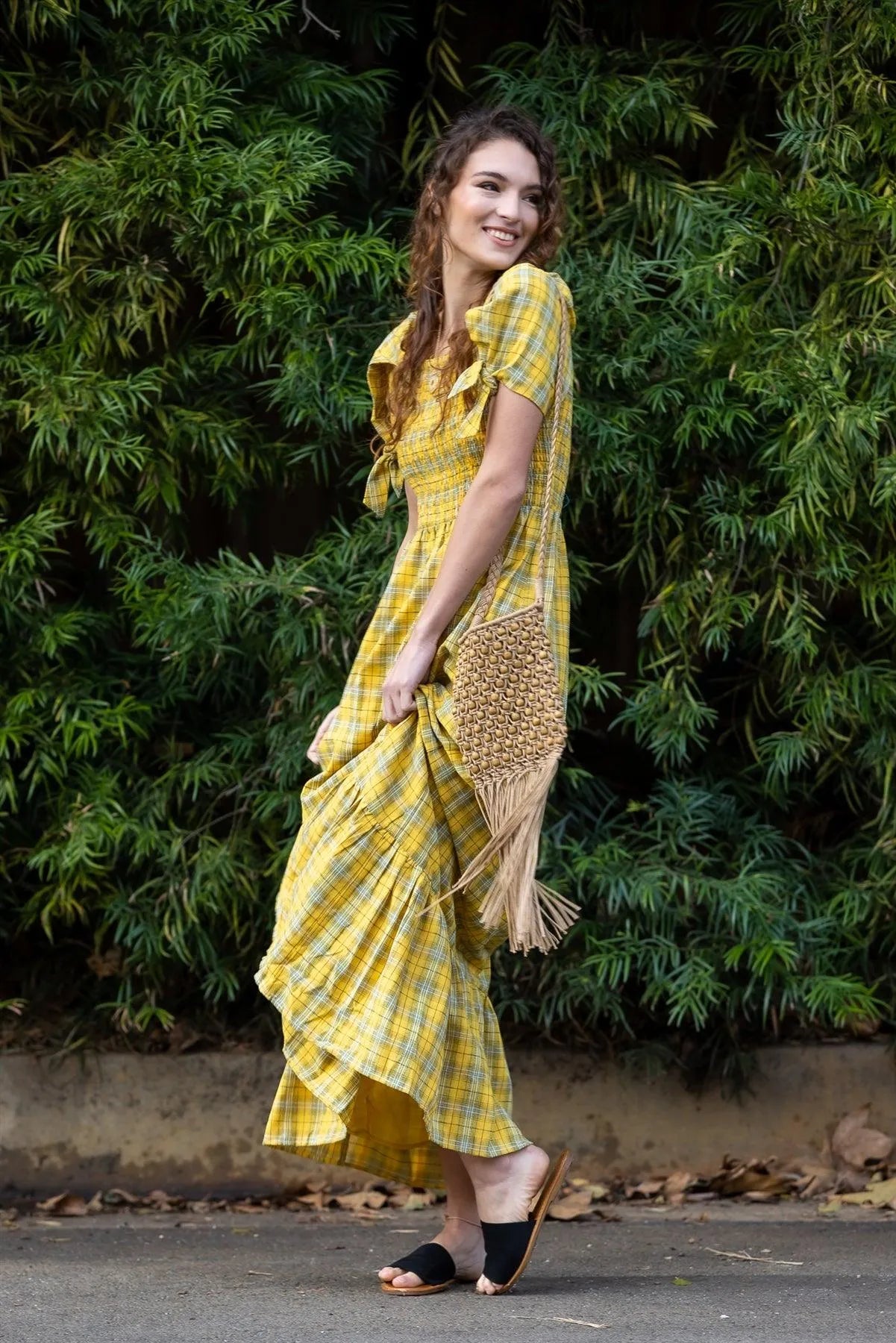 Yellow Plaid Cotton Smocked Bodice Puff Short Sleeve With Self-Tie Detail Maxi Dress /2-1-1 - Tasha Apparel Wholesale