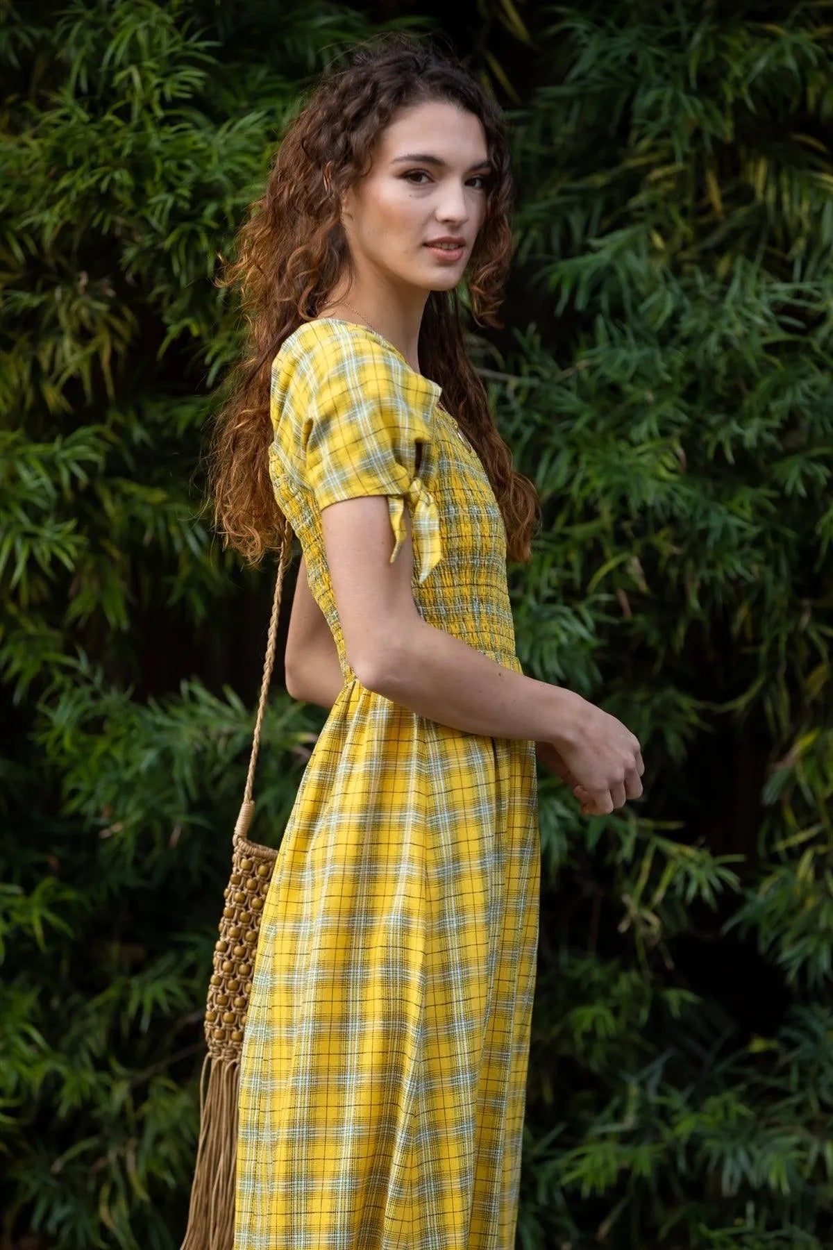 Yellow Plaid Cotton Smocked Bodice Puff Short Sleeve With Self-Tie Detail Maxi Dress /2-2 - Tasha Apparel Wholesale
