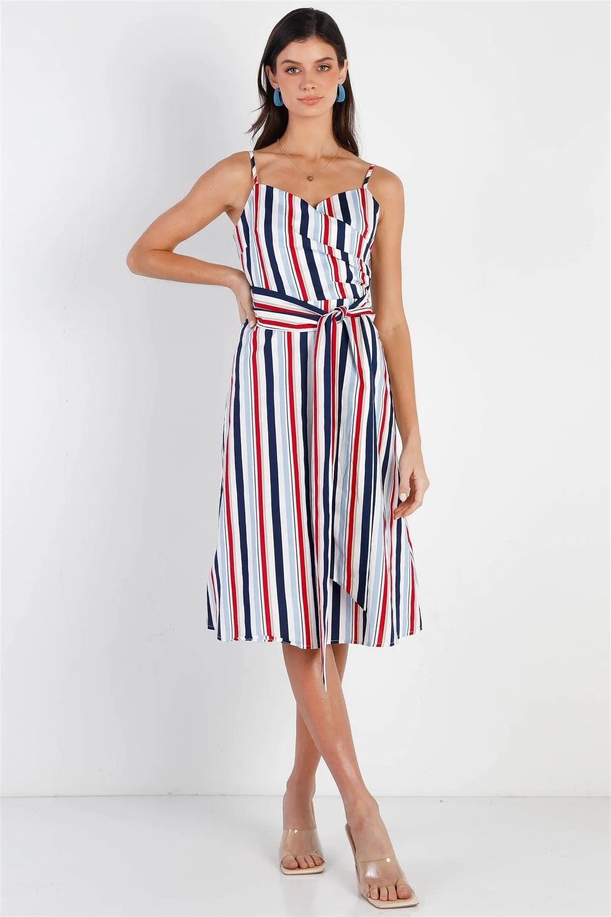 Red Multi Color Stripe Wrap V-Neck Front Self-Tie Detail Midi Dress /1-2-2-1 - Tasha Apparel Wholesale