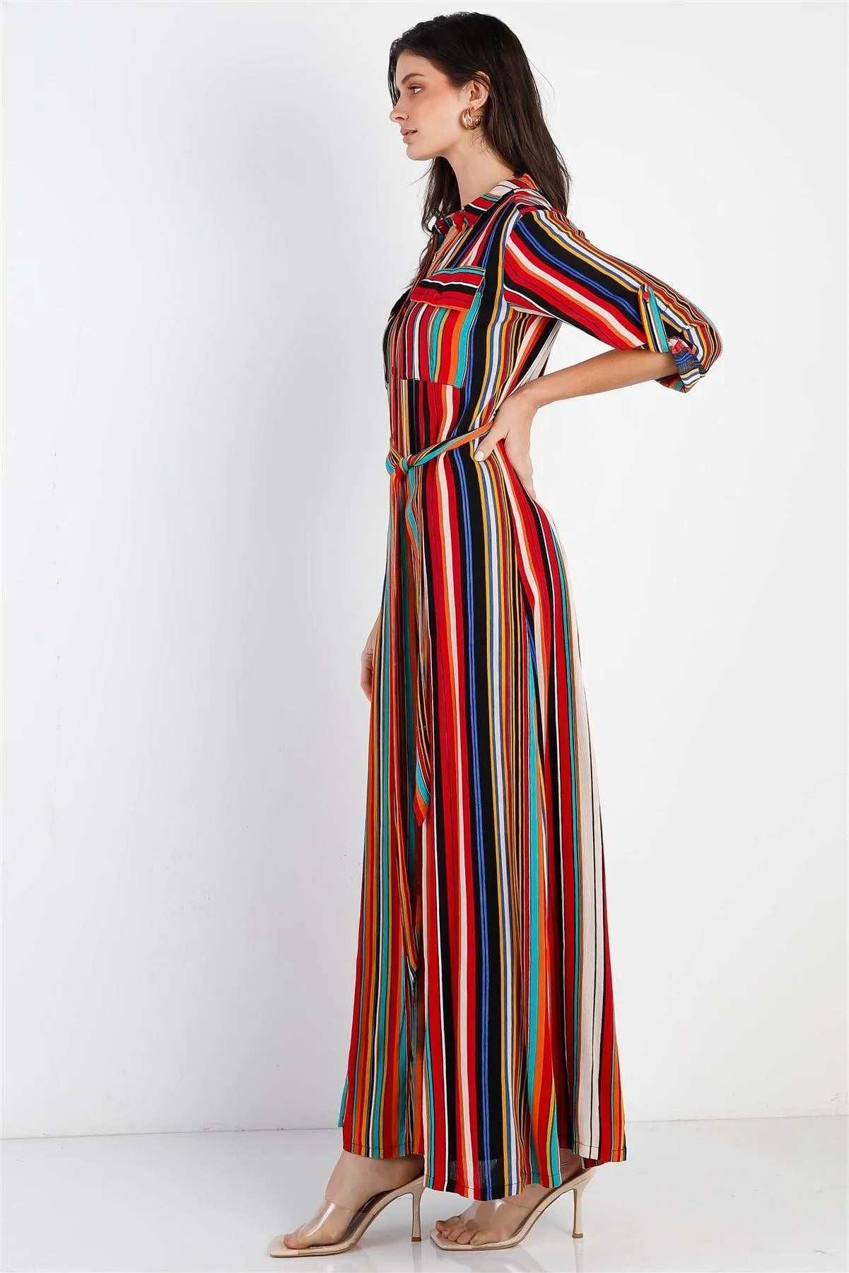Red Multi Color Stripe Belted Roll Up Sleeve Shirt Maxi Dress /1-2-3 - Tasha Apparel Wholesale