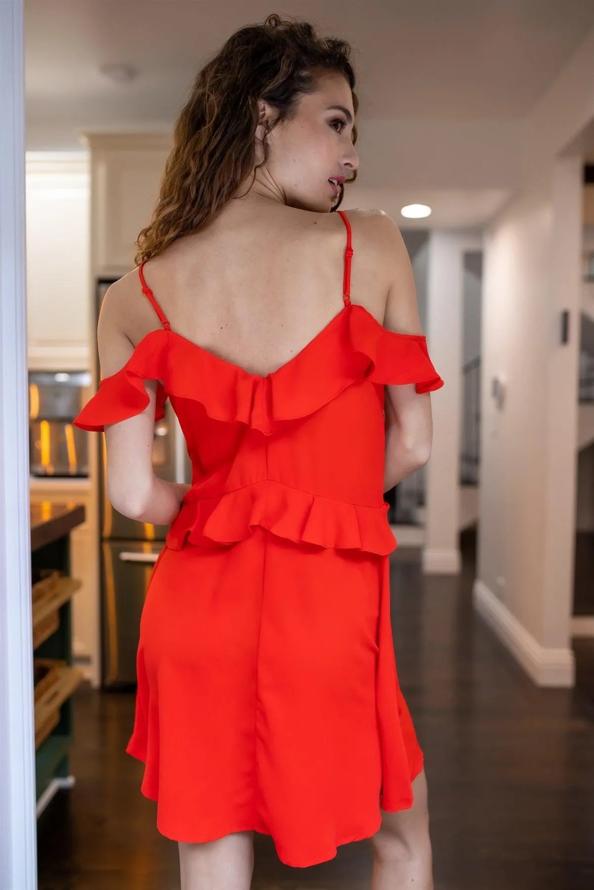 Tomato Red Off-The-Shoulder Ruffle Detail Mini Dress /1-2-2-1 - Tasha Apparel Wholesale