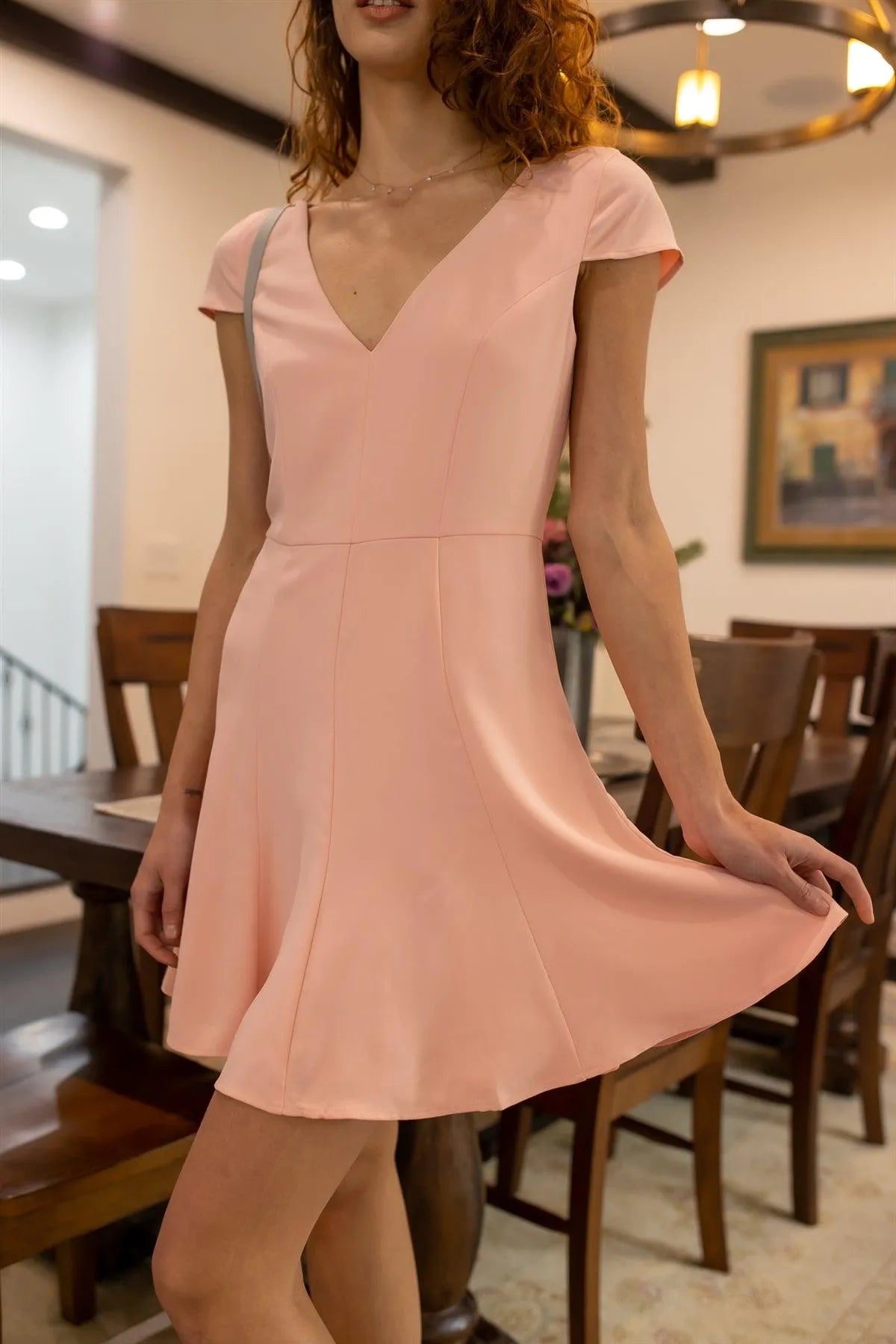 "Ballerina" Light Pink V-Neck Fitted Flare Mini Dress /4-3 - Tasha Apparel Wholesale