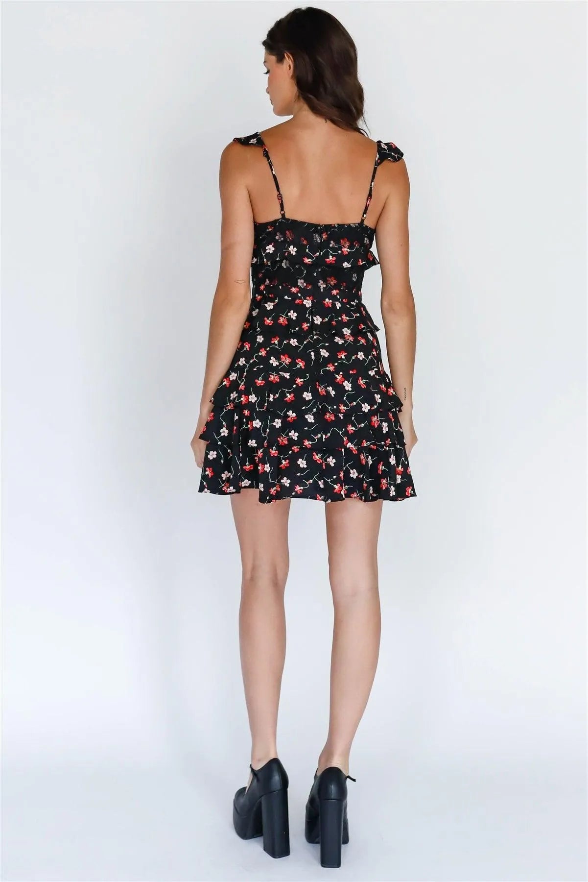 Black Multi Color Floral Print Lace Detail Ruffled Mini Dress - Tasha Apparel Wholesale