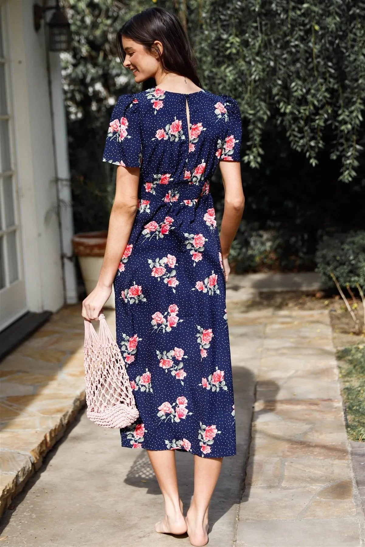 Blue Multi Color Polka Dot & Rose Print Flare Sleeve Side Slit Midi Dress /2-1-2-1 - Tasha Apparel Wholesale