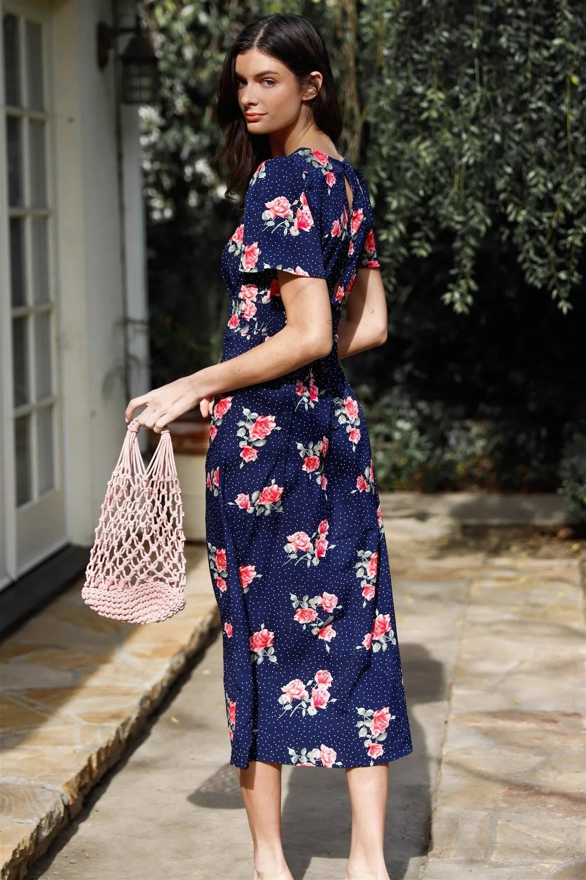 Blue Multi Color Polka Dot & Rose Print Flare Sleeve Side Slit Midi Dress /1-2-2-1 - Tasha Apparel Wholesale