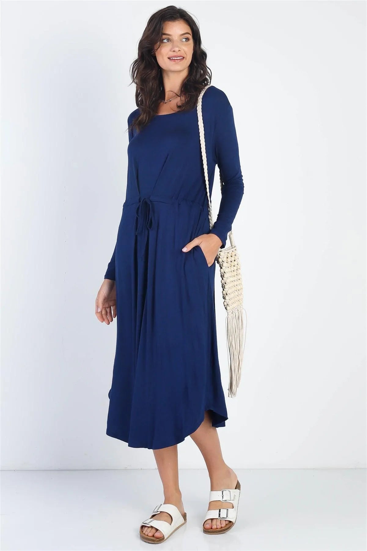 Navy Long Sleeve Basic Midi Maxi Dress /1-2-1 - Tasha Apparel Wholesale
