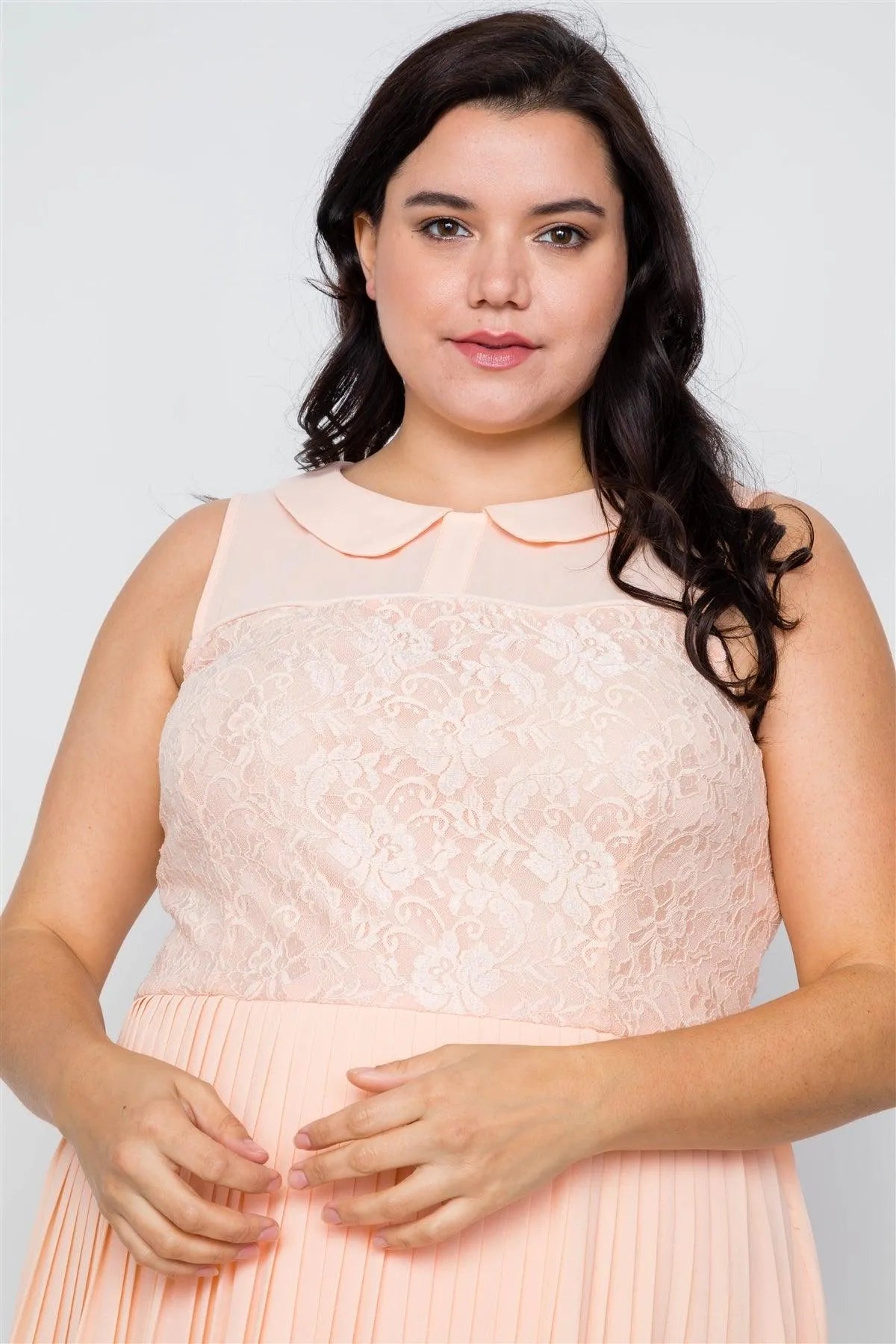 Junior Plus Size Peach Pleated Chiffon Lace Sleeveless Dress / 2-2-1-1 - Tasha Apparel Wholesale