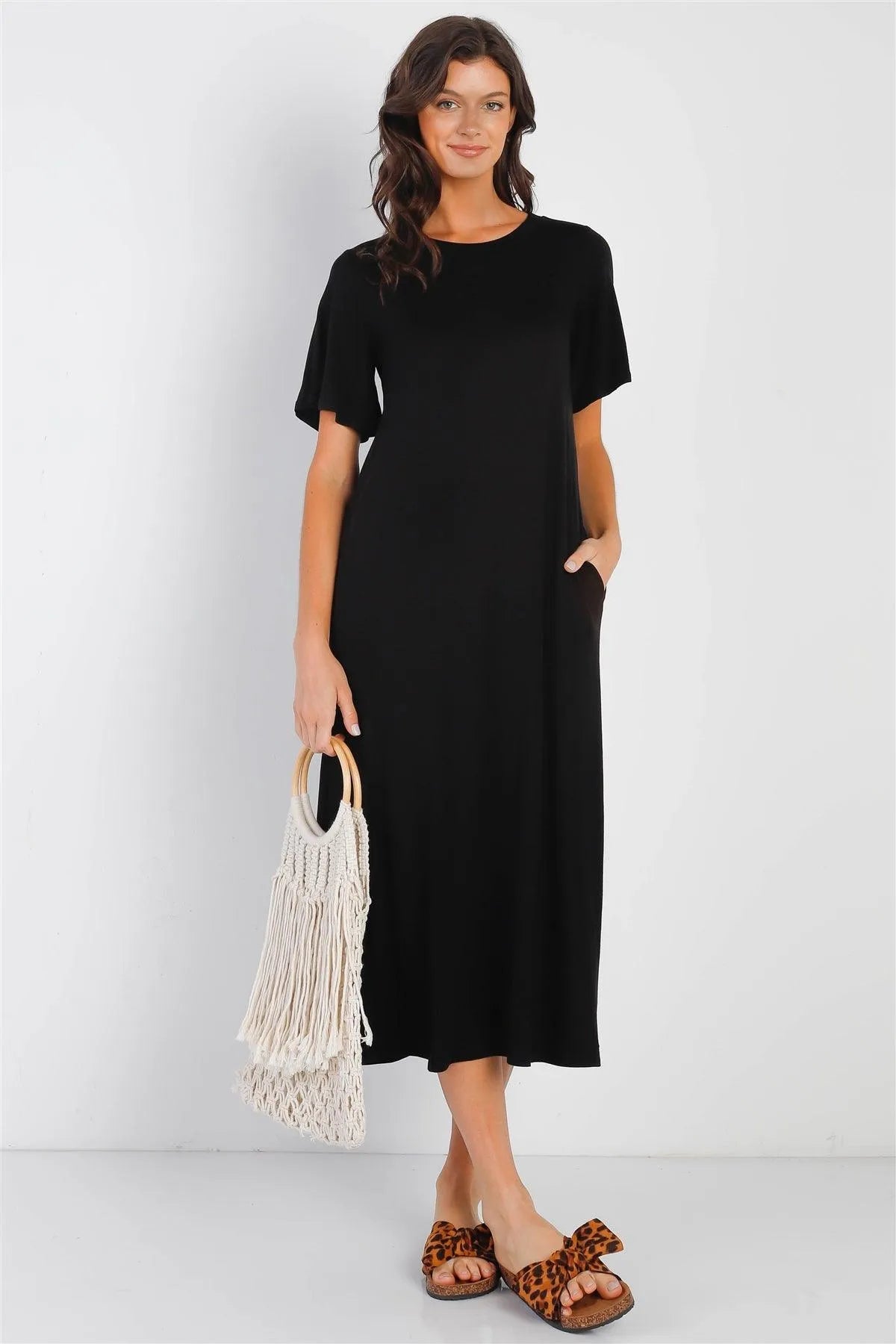 Black Short Sleeve Midi Dress /1-1-1 - Tasha Apparel Wholesale