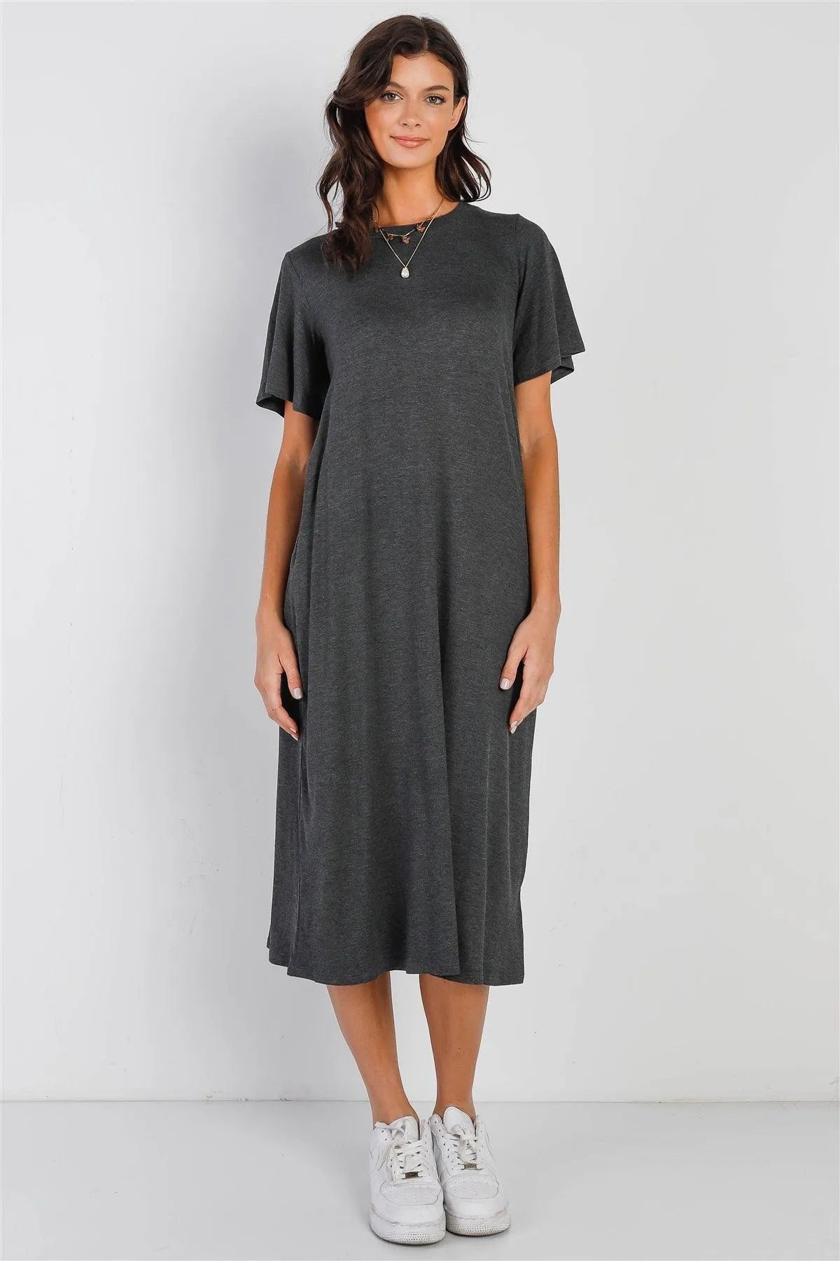 Charcoal Short Sleeve Midi Dress /1-1-1 - Tasha Apparel Wholesale