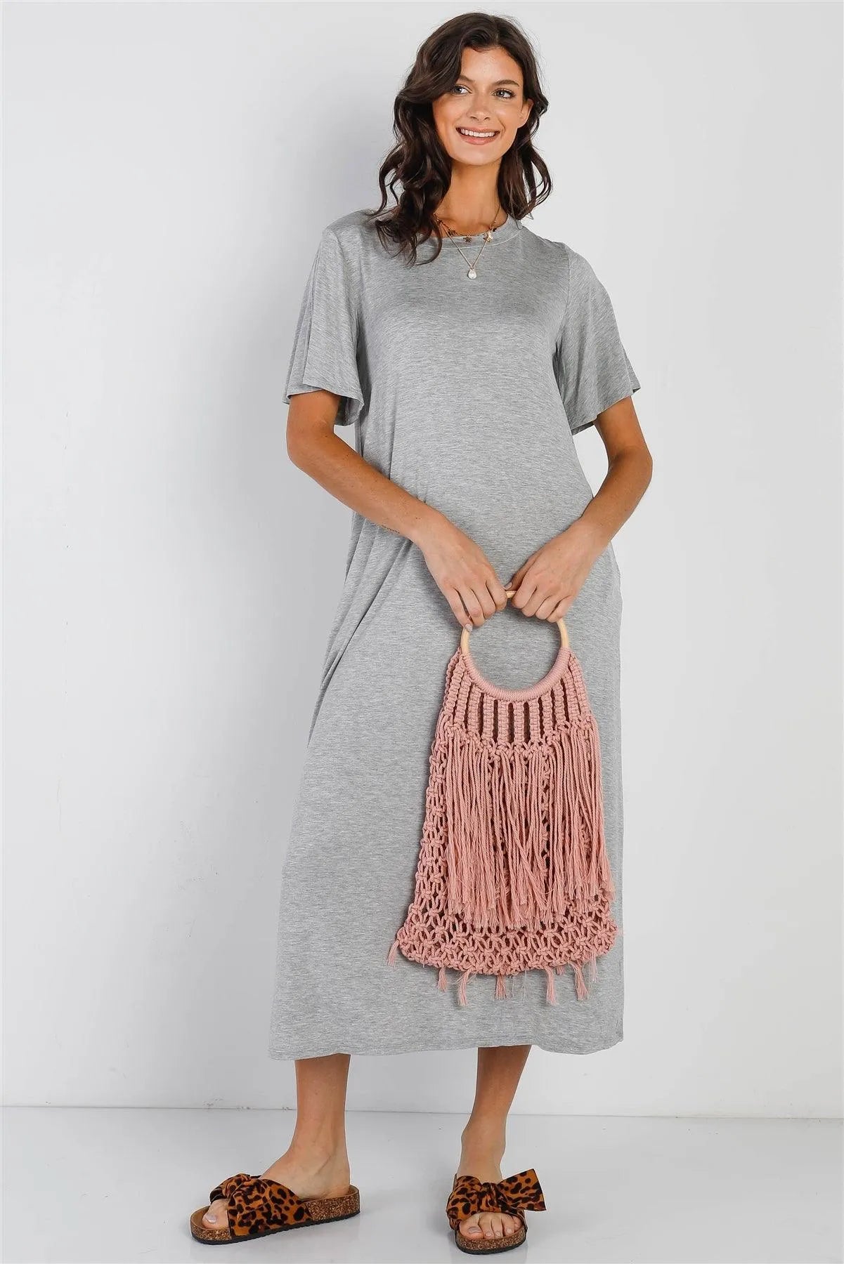 Heather Grey Short Sleeve Midi Dress /1-1-1 - Tasha Apparel Wholesale