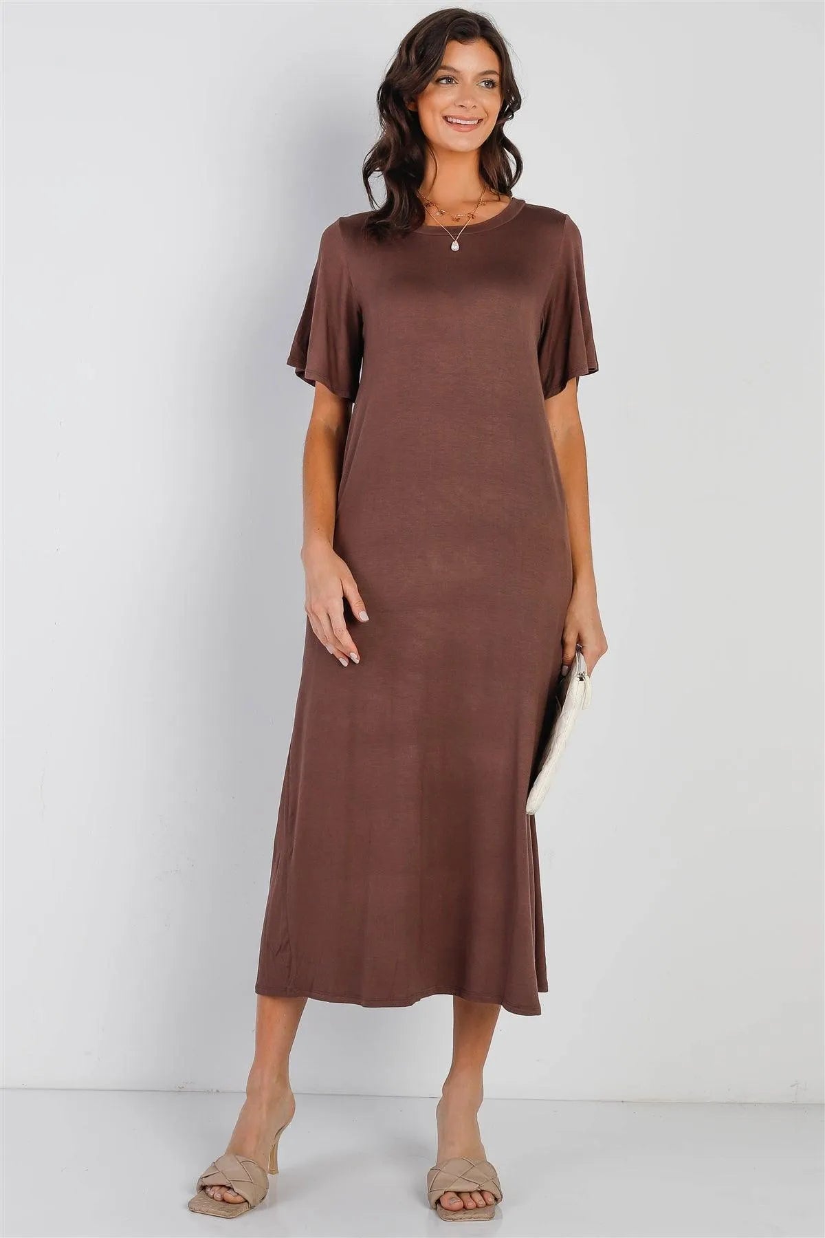 Mocha Short Sleeve Midi Dress /1-1-1 - Tasha Apparel Wholesale