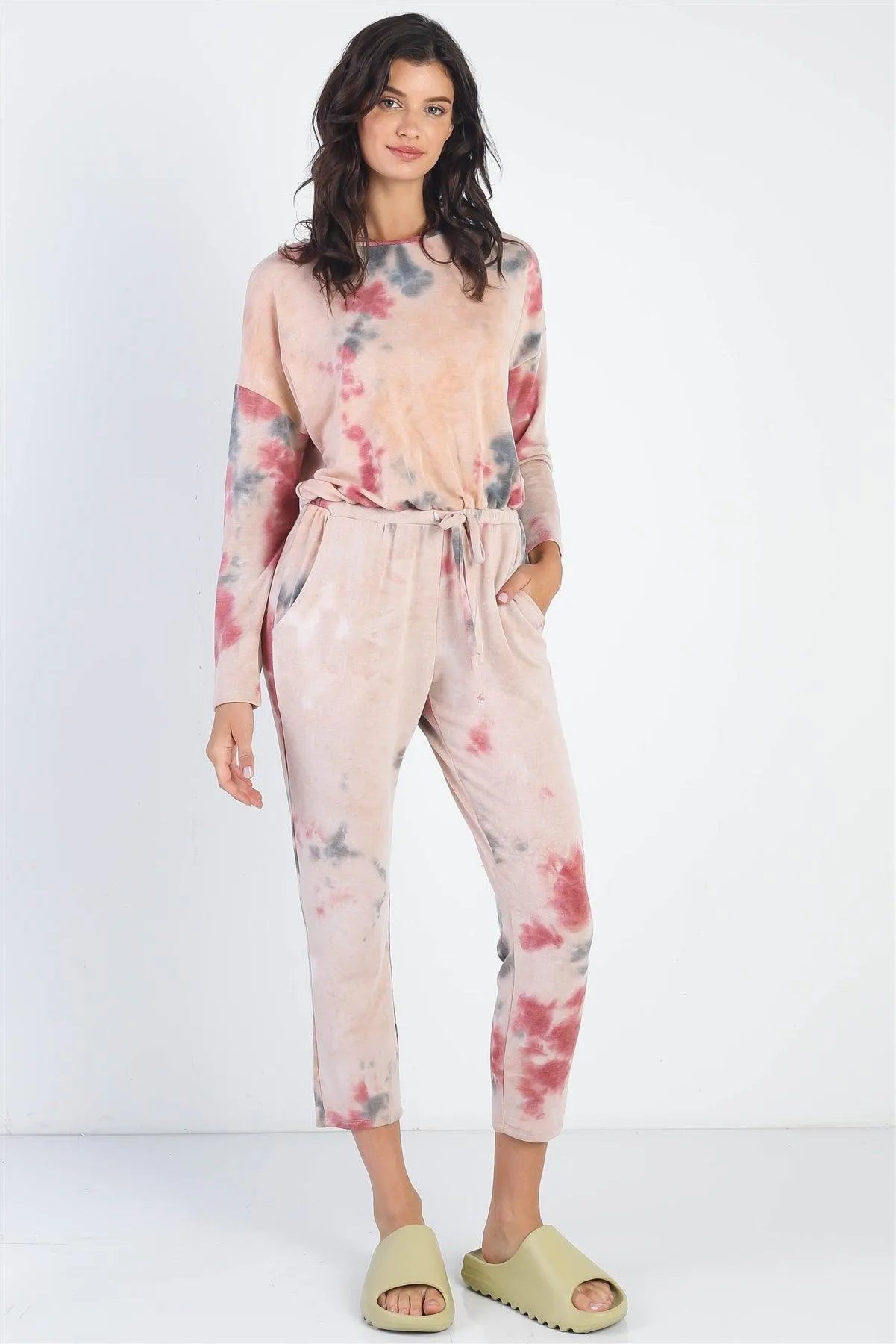 Burgundy Tie-Dye Round Neck Long Sleeve Jumpsuit - Tasha Apparel Wholesale