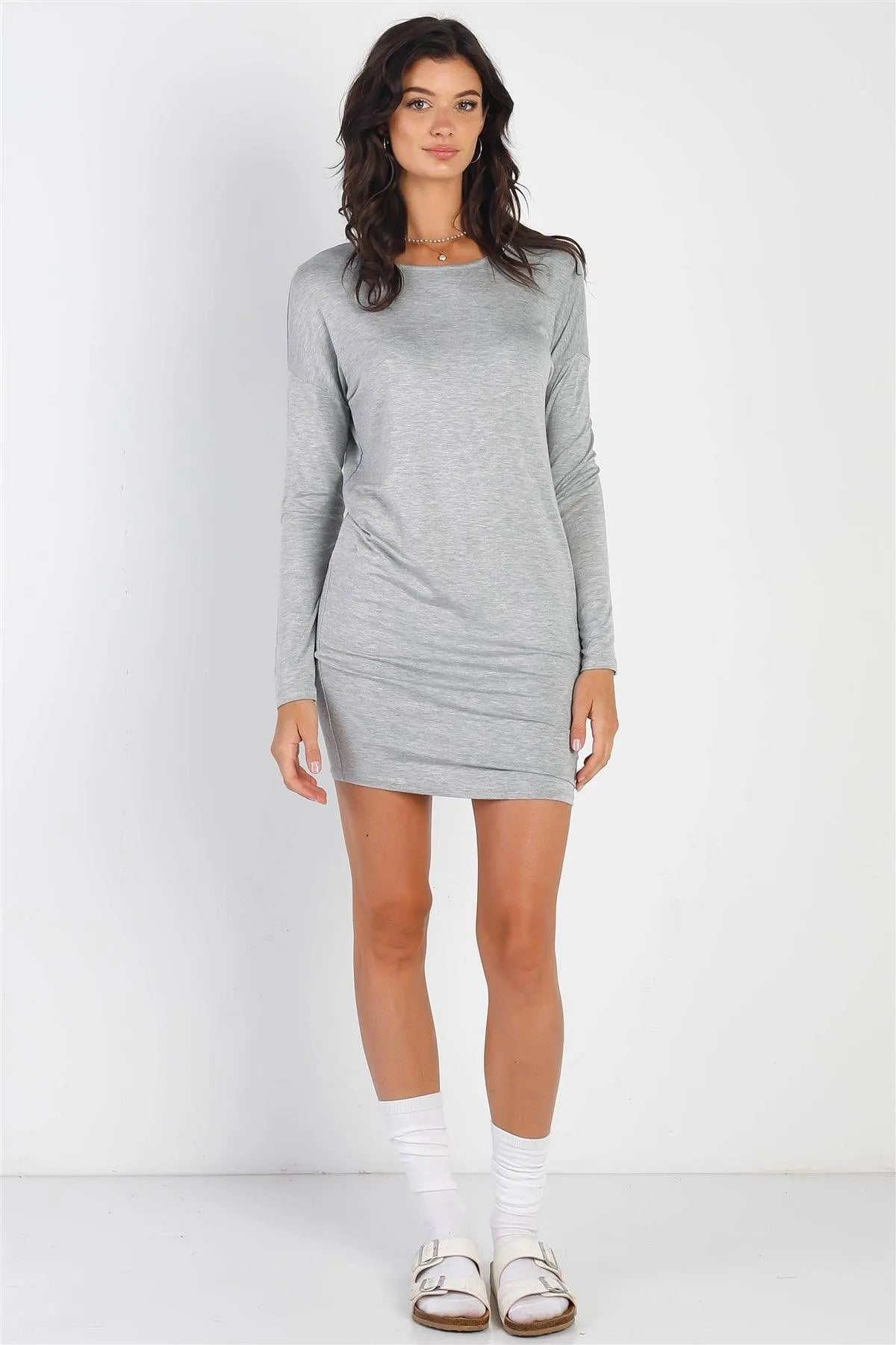 Heather Grey Mini Length Round Neck Dress - Tasha Apparel Wholesale