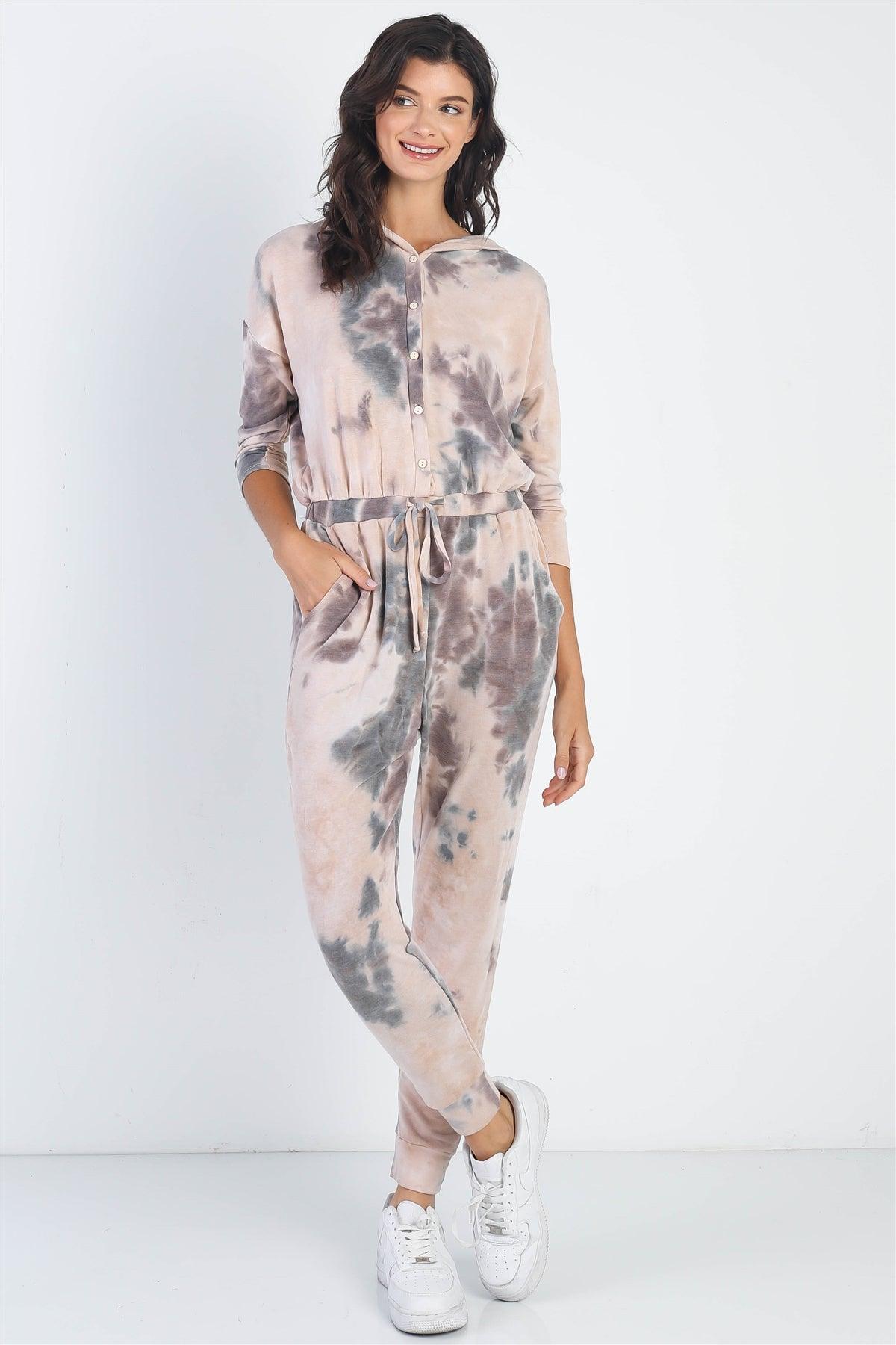 Brown Tie-Dye Button Up Midi Sleeve Hooded Jumpsuit /1-1-1