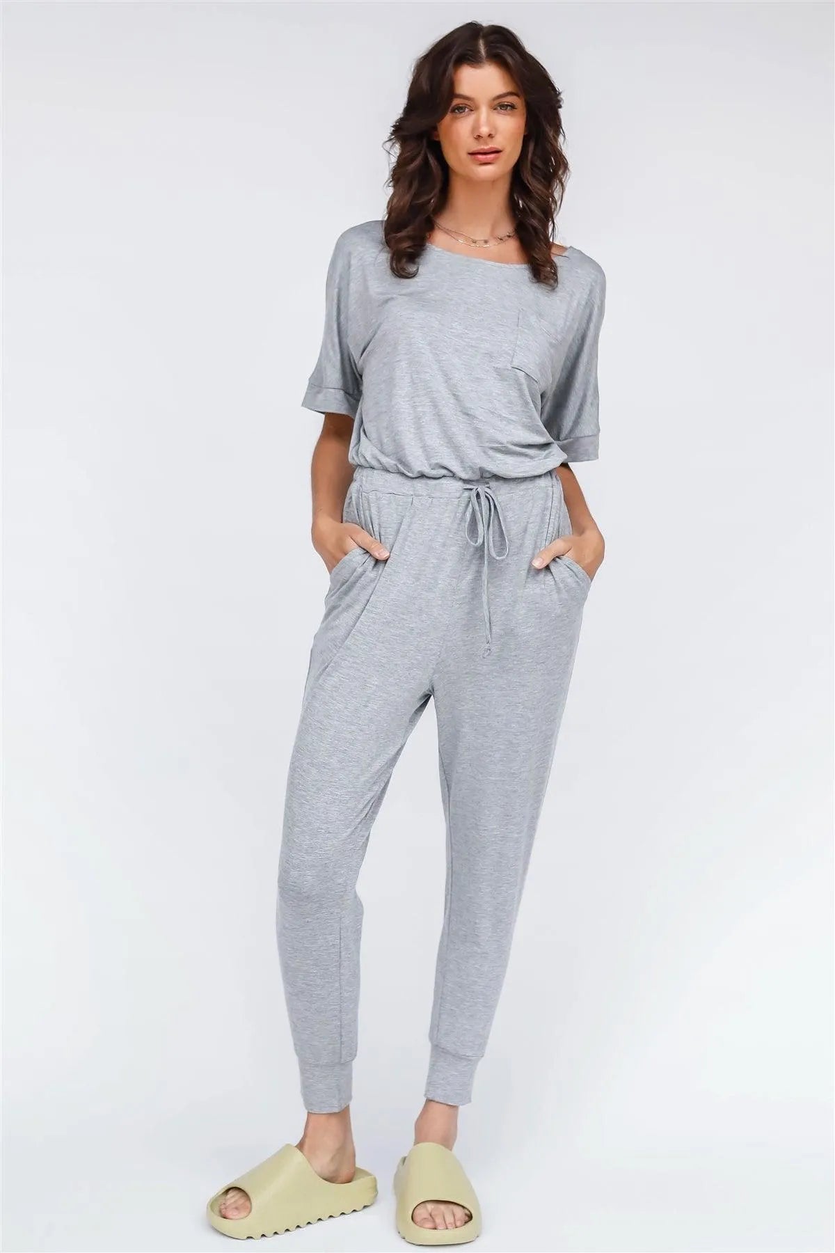 Heather Grey Front Pocket Fitted Waistline Round Neck Short Sleeve Jumpsuit /1-1-1 - Tasha Apparel Wholesale
