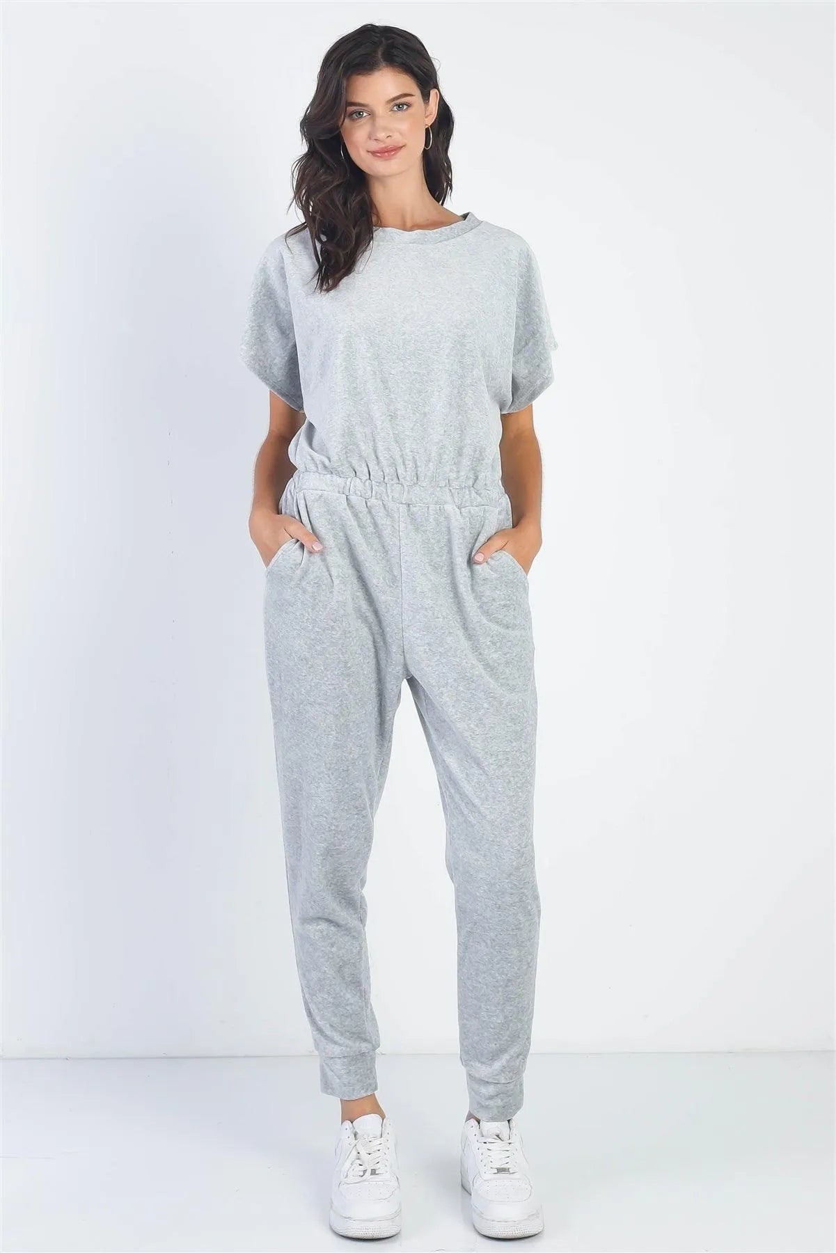 Velour Short Sleeve Two Pocket Elasticized Waist Jumpsuit - Tasha Apparel Wholesale