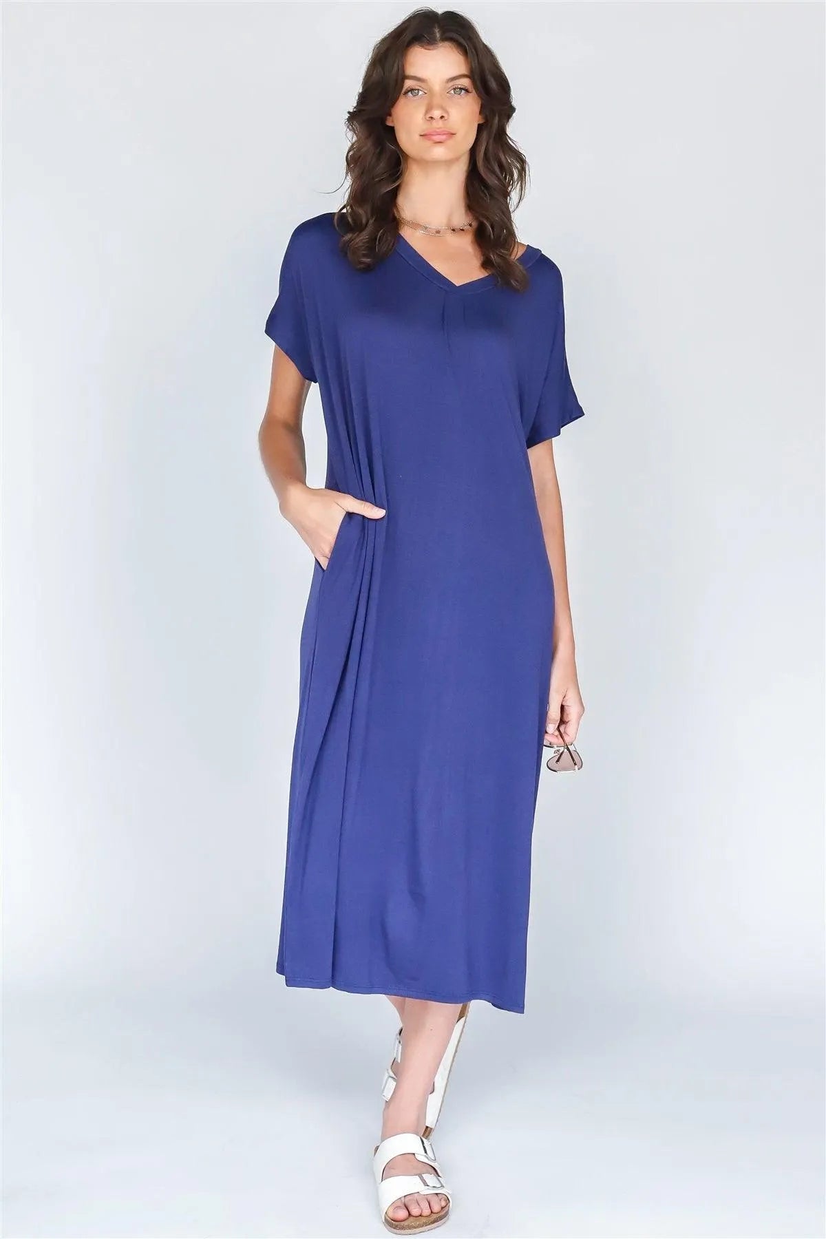 Blueberry V-Neck Short Sleeve Midi Dress /1-1-1 - Tasha Apparel Wholesale
