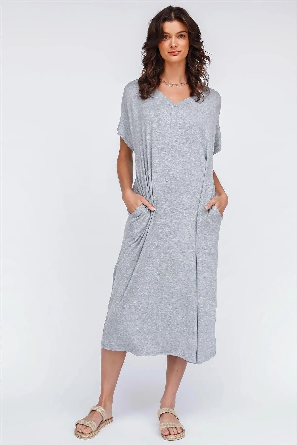 Heather Grey V-Neck Short Sleeve Midi Dress Heather Grey V-Neck Short Sleeve Midi Dress