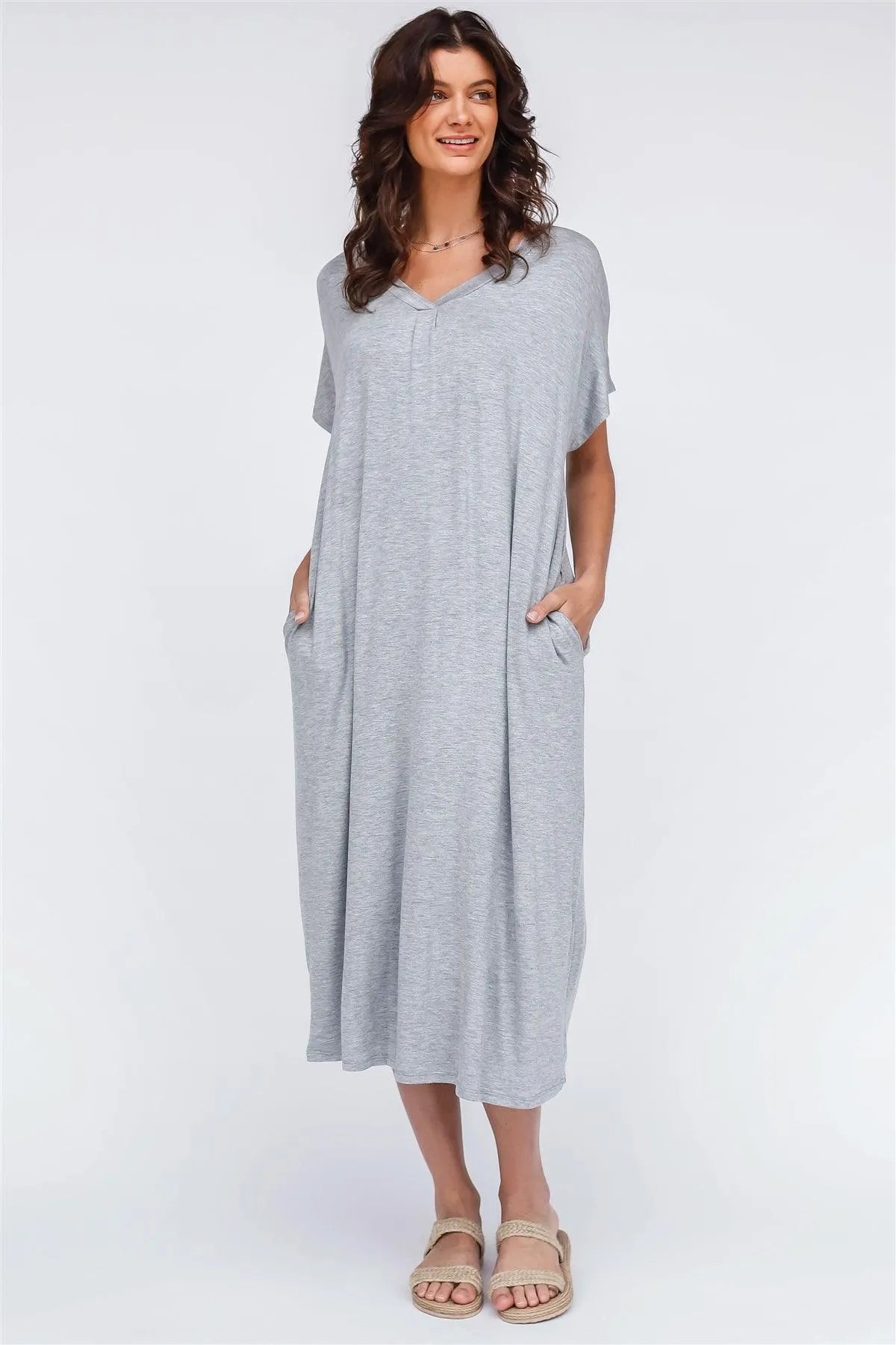 Heather Grey V-Neck Short Sleeve Midi Dress - Tasha Apparel Wholesale