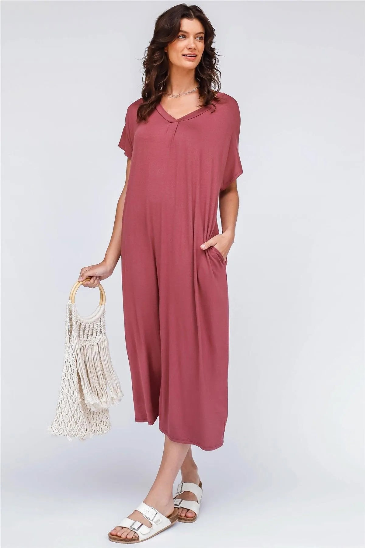 Red Brow V-Neck Short Sleeve Midi Dress /1-1-1 - Tasha Apparel Wholesale