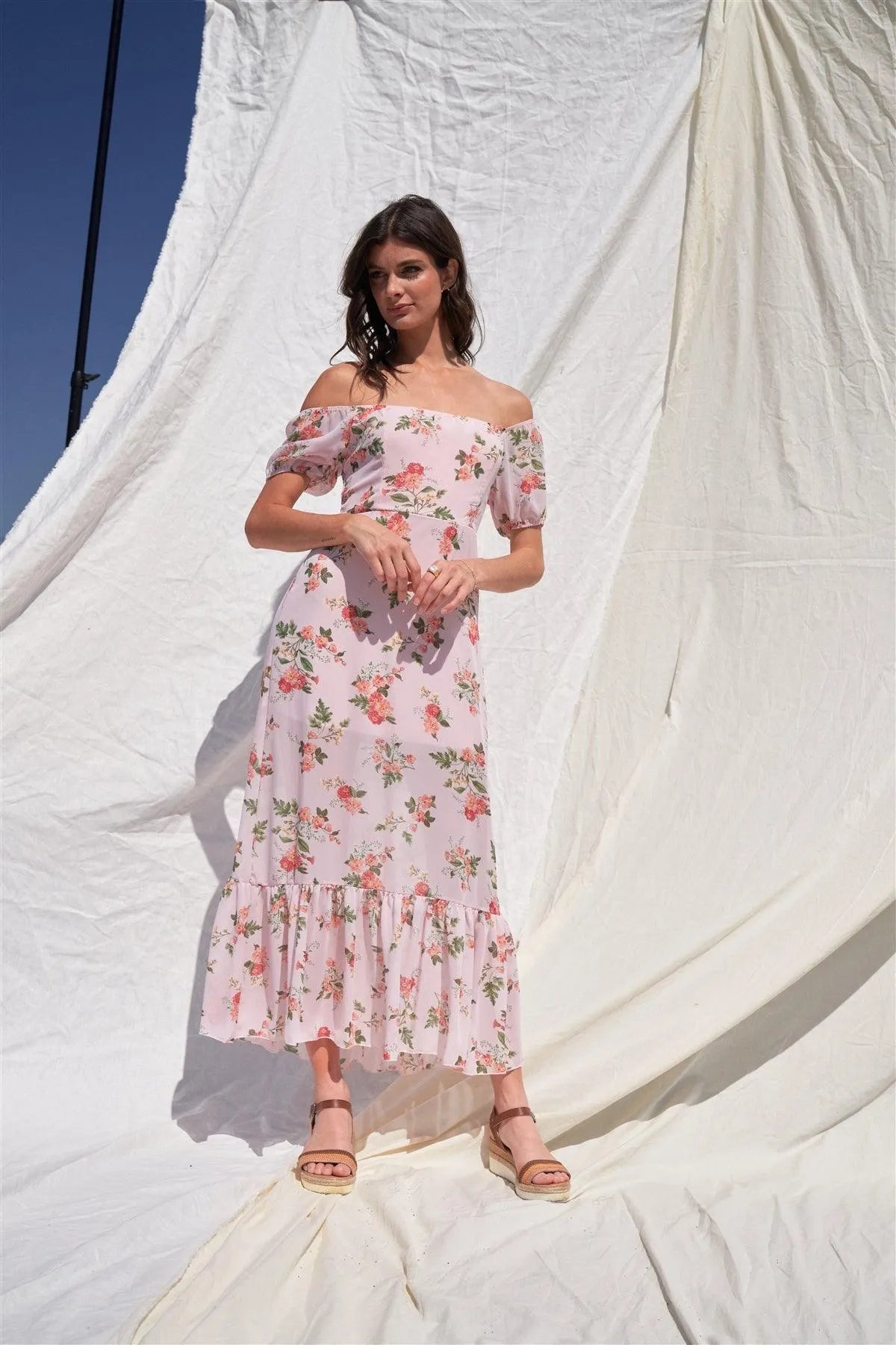 Blush Floral Print Off-The-Shoulder Short Sleeve Maxi Dress /2-2-2 - Tasha Apparel Wholesale