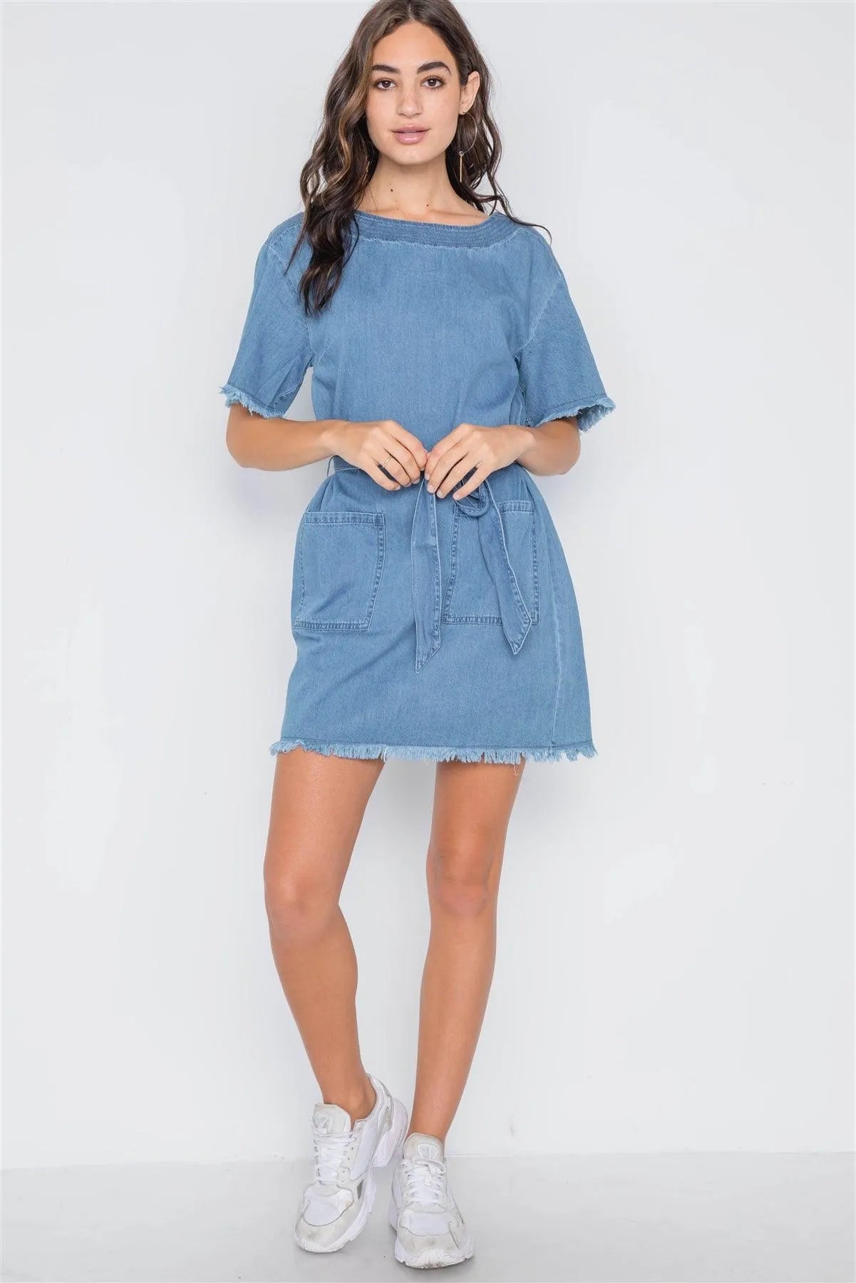 Denim Short Sleeve Frayed Mini Dress /3-2-1 - Tasha Apparel Wholesale