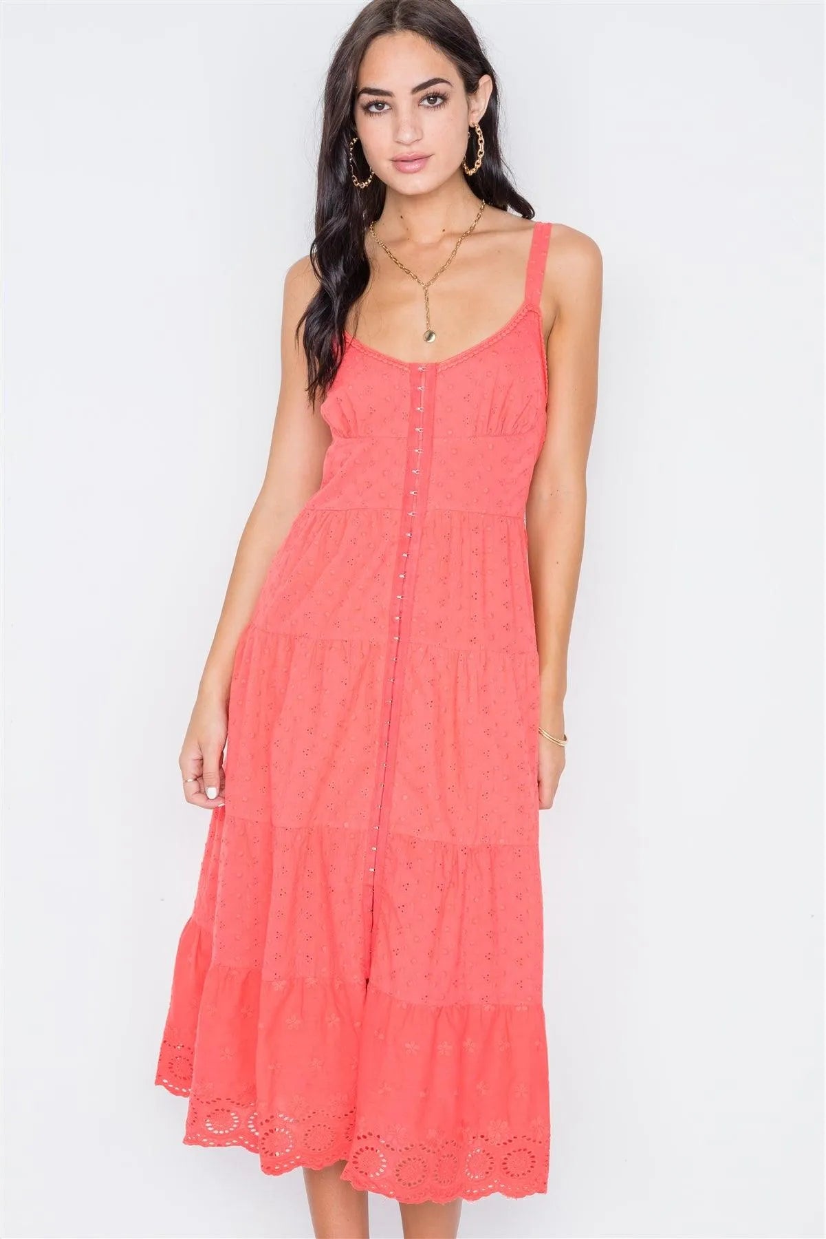 Coral Hook Eye Closure Embroidery Midi Dress /2-2-2 - Tasha Apparel Wholesale