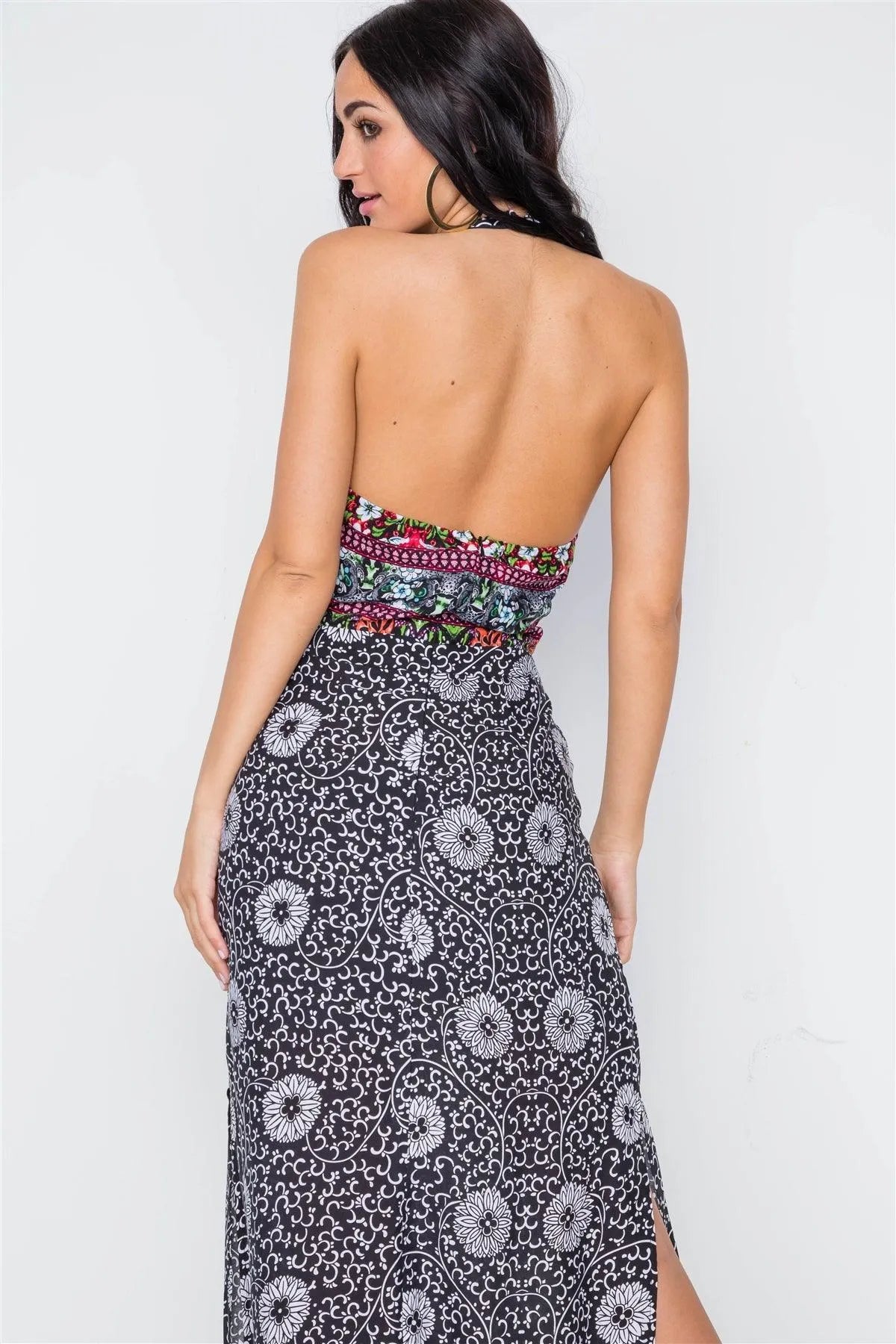 Black Floral Paisley Print Site Slit Maxi Dress - Tasha Apparel Wholesale