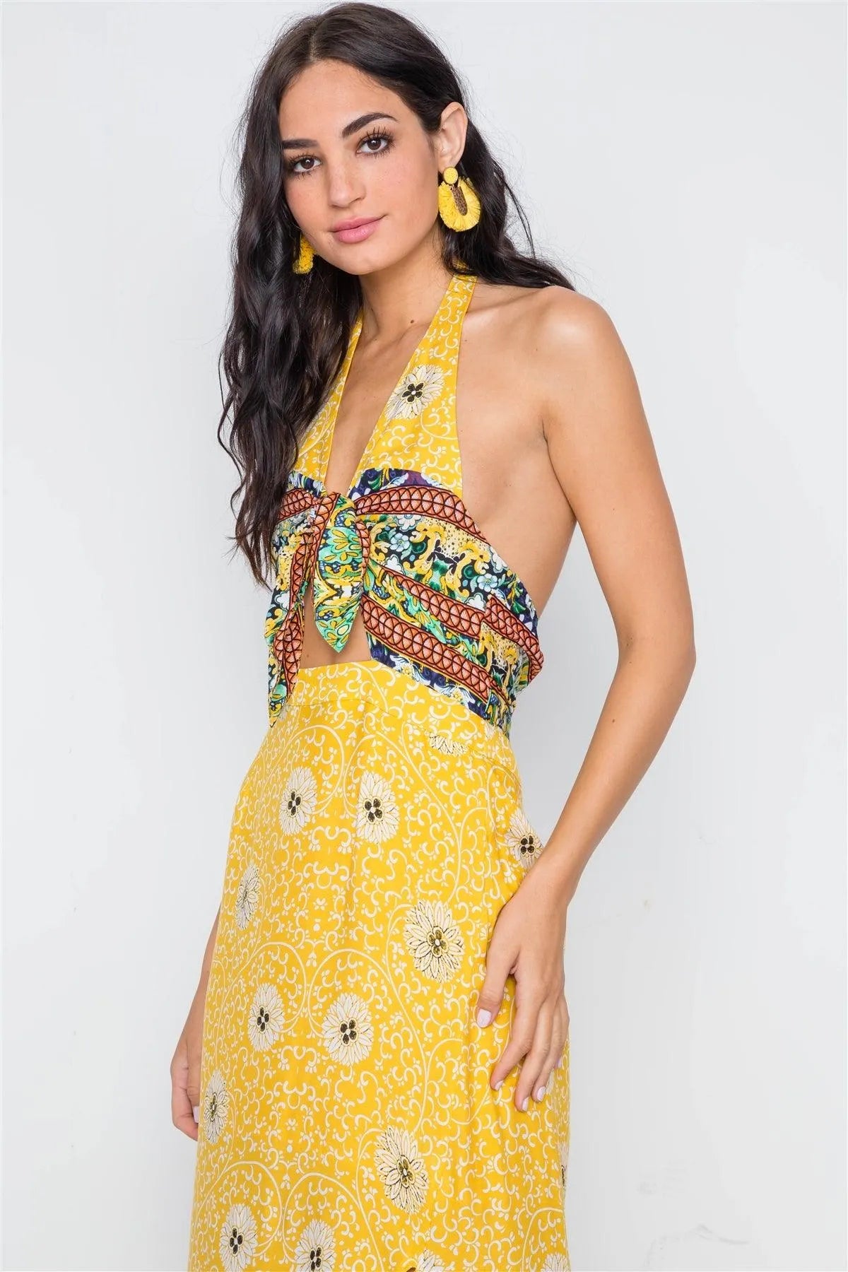 Yellow Floral Paisley Print Site Slits Maxi Dress - Tasha Apparel Wholesale