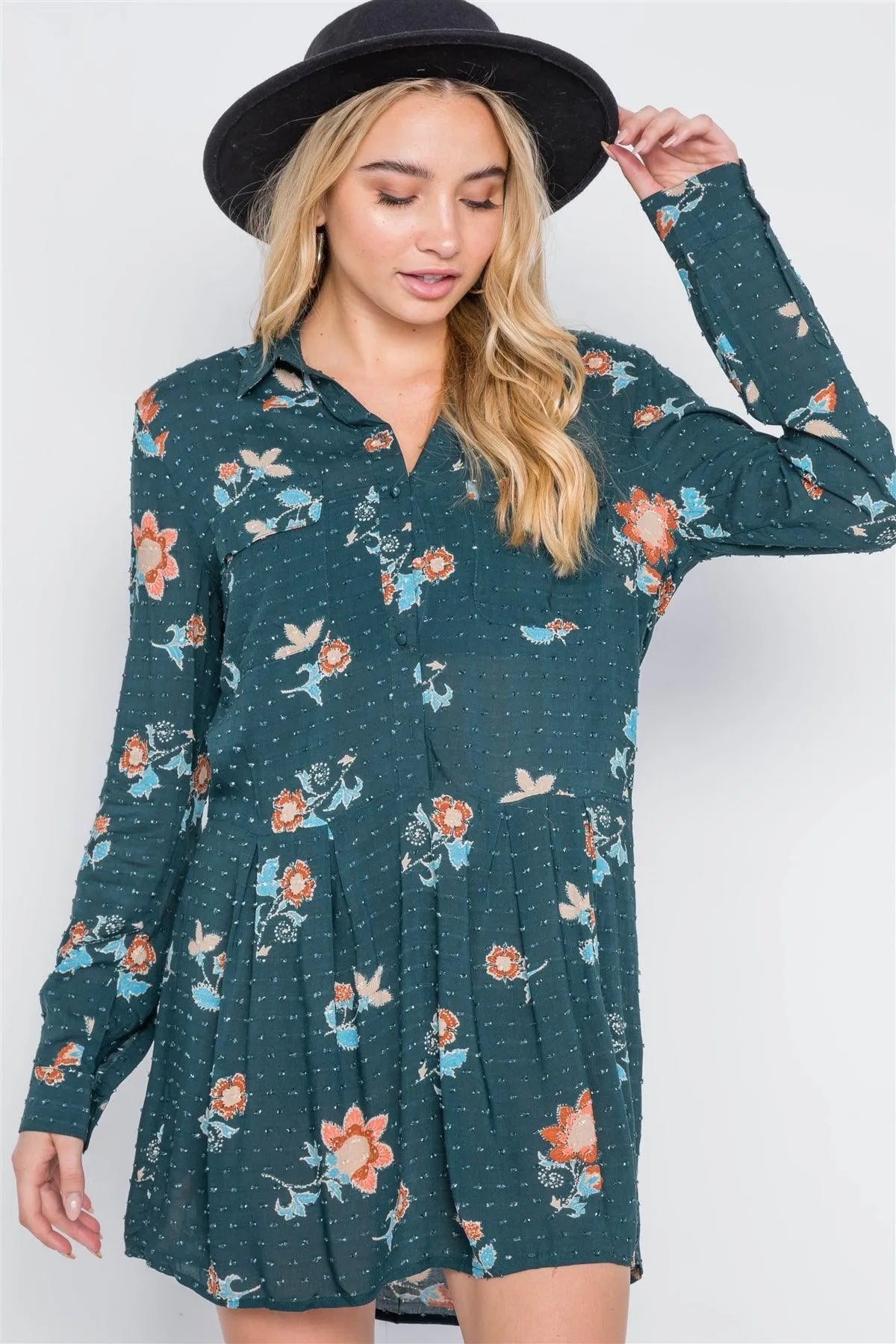 Hunter Green Floral Button-Front Shirt Dress /2-1-2 - Tasha Apparel Wholesale