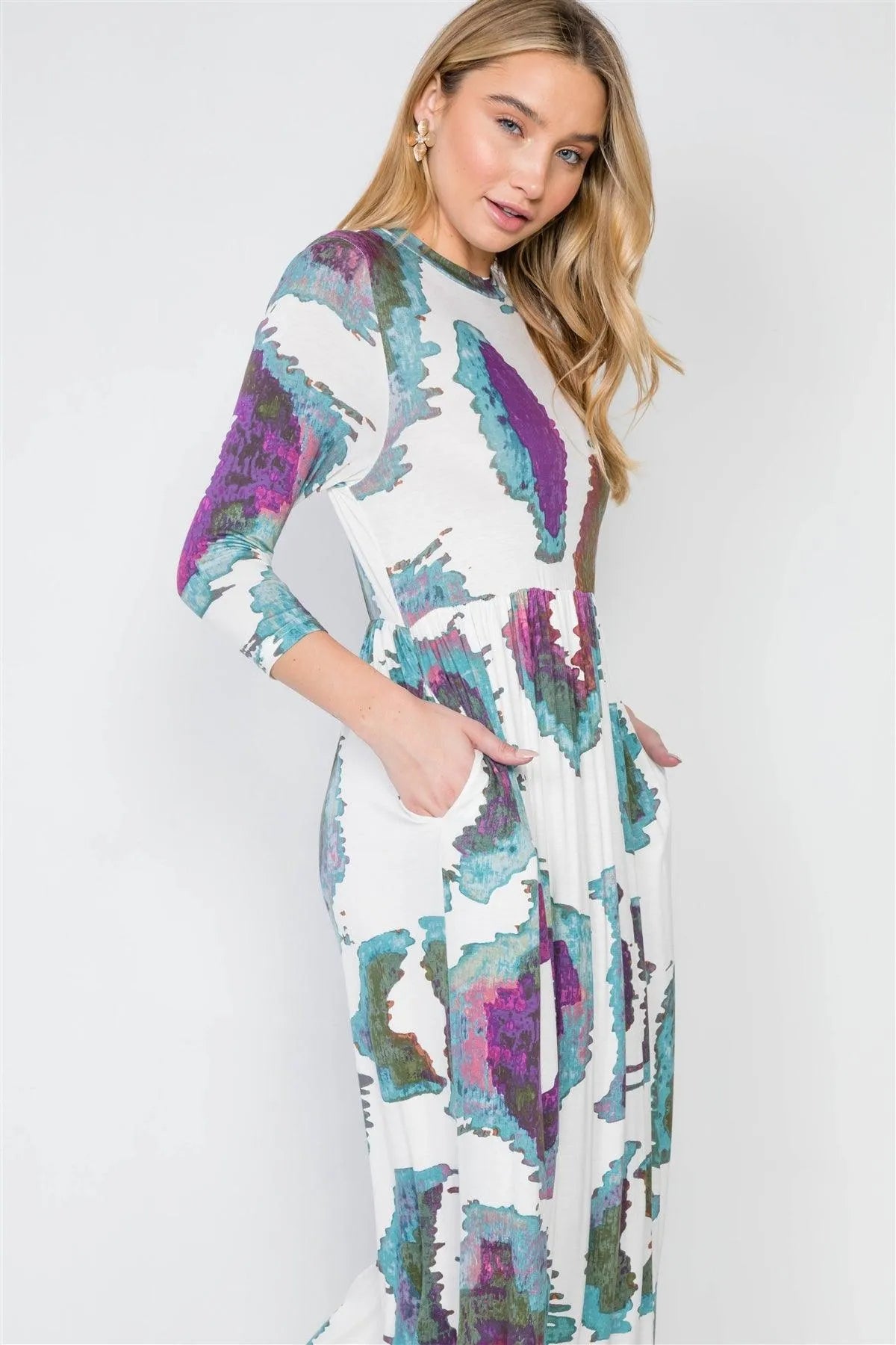 Off White 3/4 Sleeve Watercolor Printed Maxi Dress - Tasha Apparel Wholesale