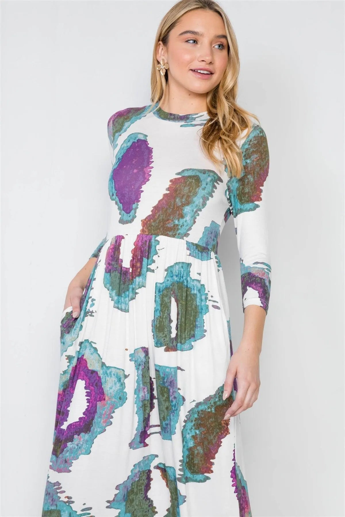 Off White 3/4 Sleeve Watercolor Printed Maxi Dress /2-3-1 - Tasha Apparel Wholesale