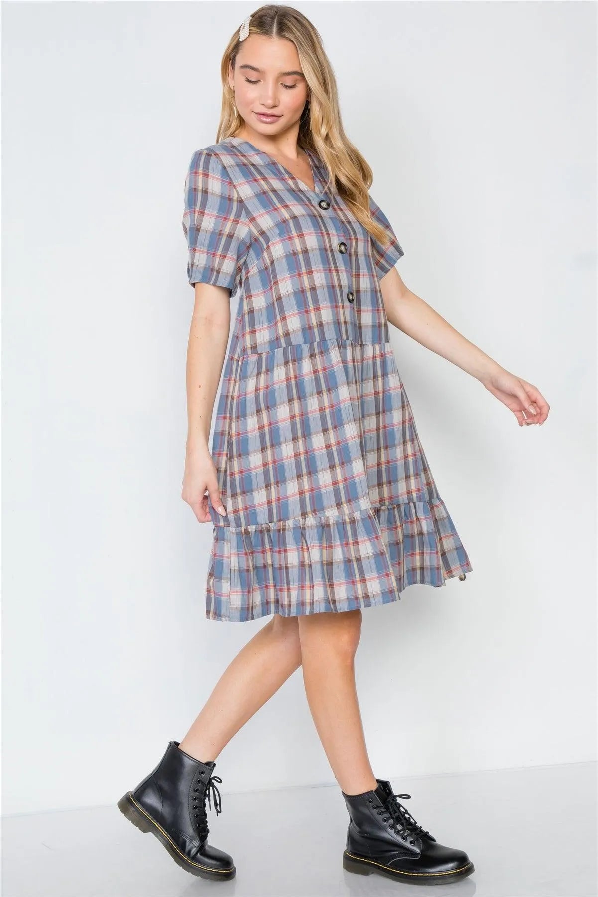Multi Blue Plaid Short Sleeve Shirred Hem Dress /2-2-2 - Tasha Apparel Wholesale