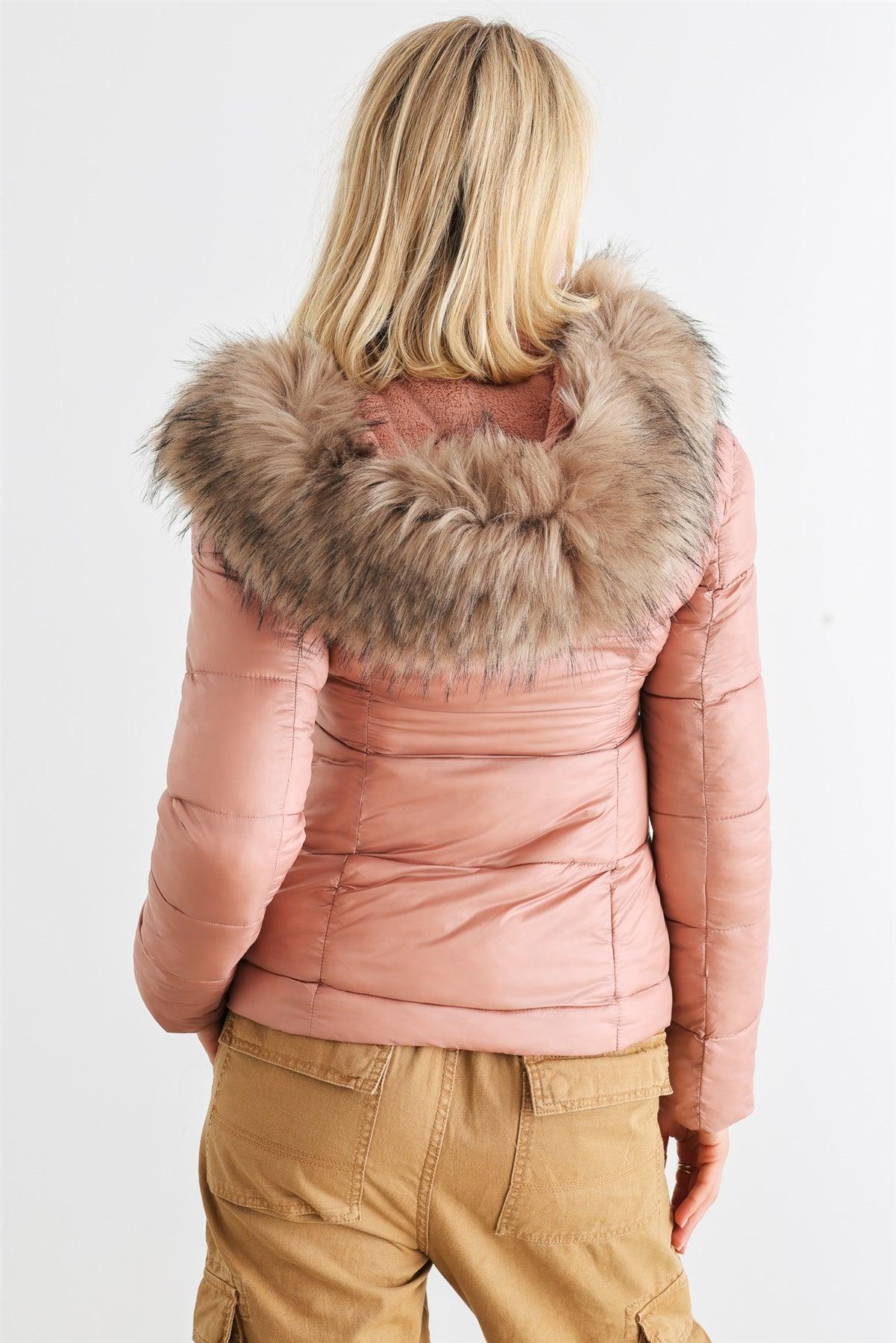 Mauve Long Sleeve Faux Fur Hood Padded Water Resistant Finish Jacket