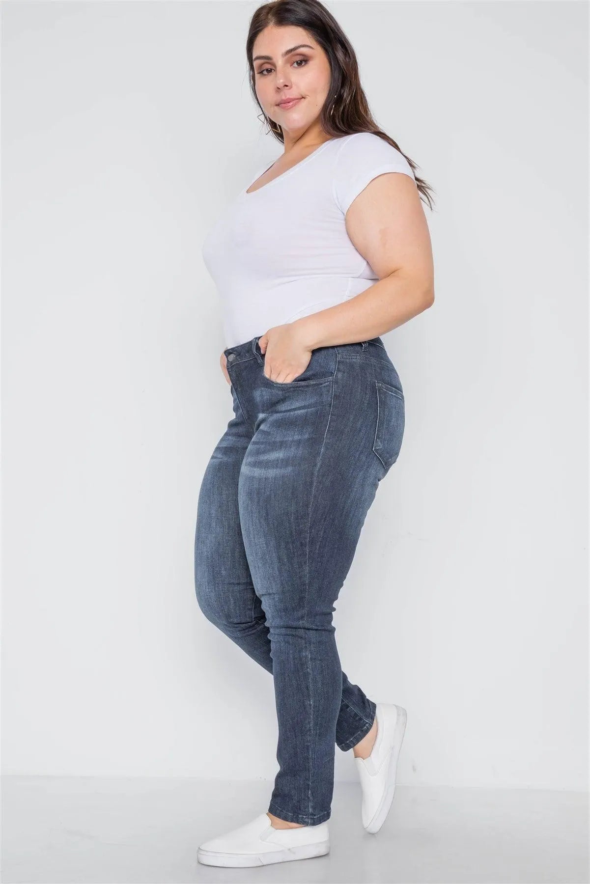Plus Size Dark Denim Skinny Mid-Rise Pants /2-2-2 - Tasha Apparel Wholesale
