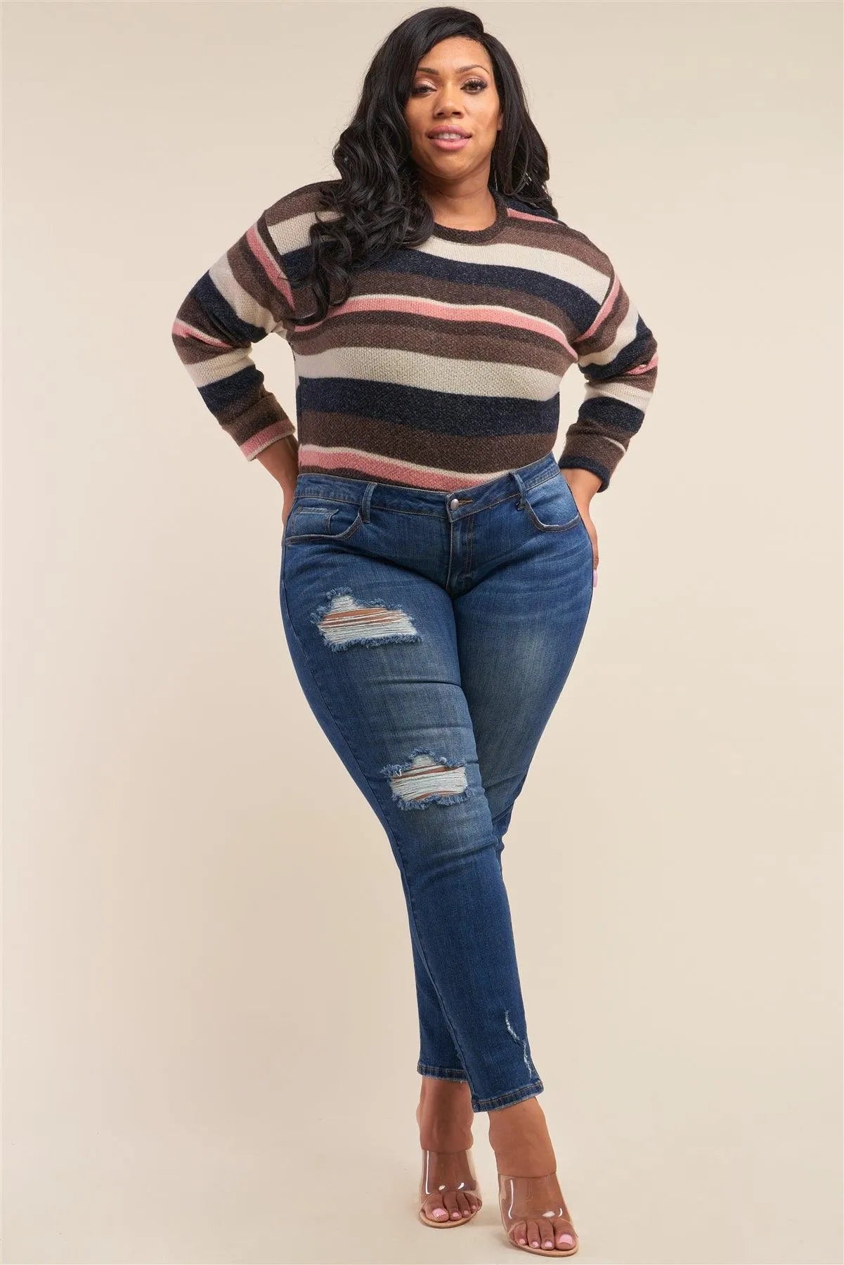 Plus Size Blue Low-Mid Rise Ripped Destroyed Denim Jeans /3-2-1 - Tasha Apparel Wholesale