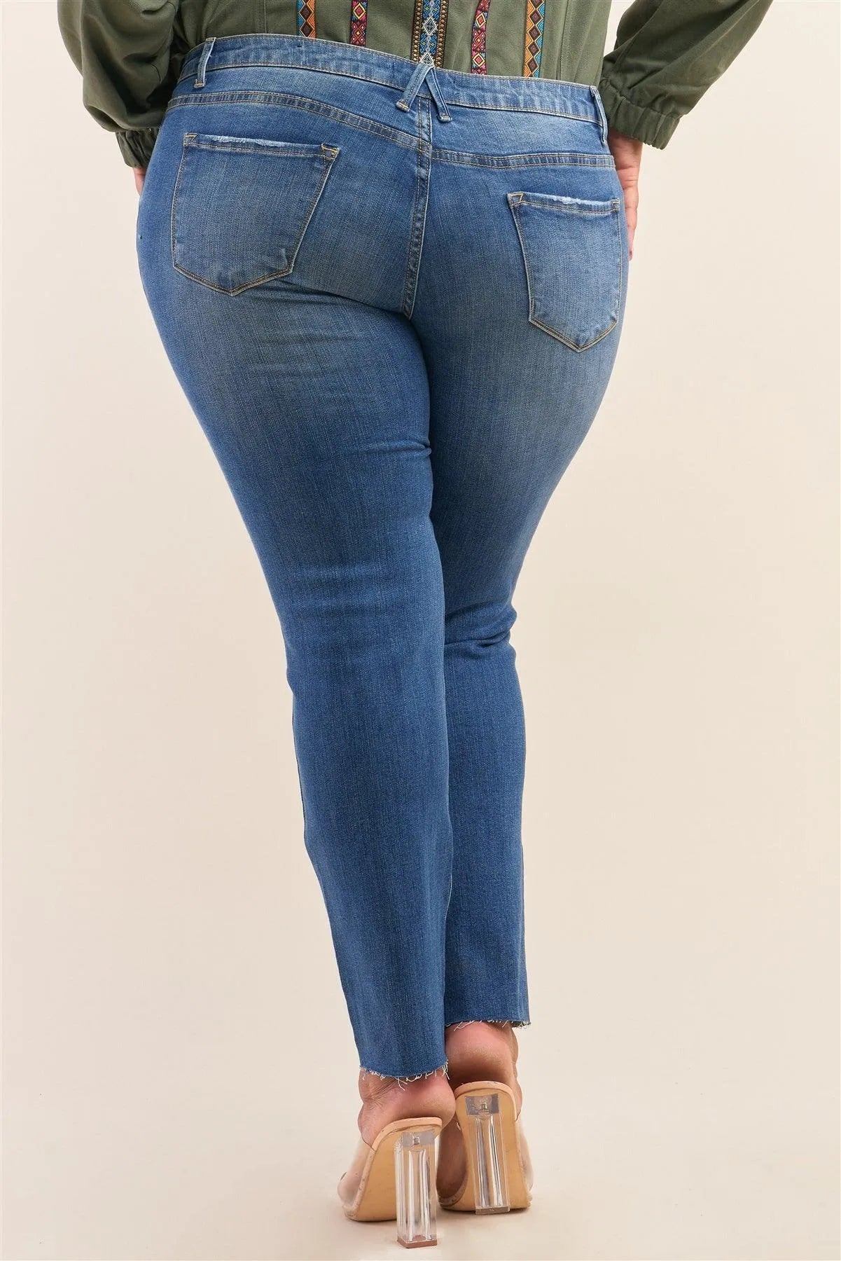 Plus Size Medium Blue Ripped Unstitched Hem Denim Jeans - Tasha Apparel Wholesale
