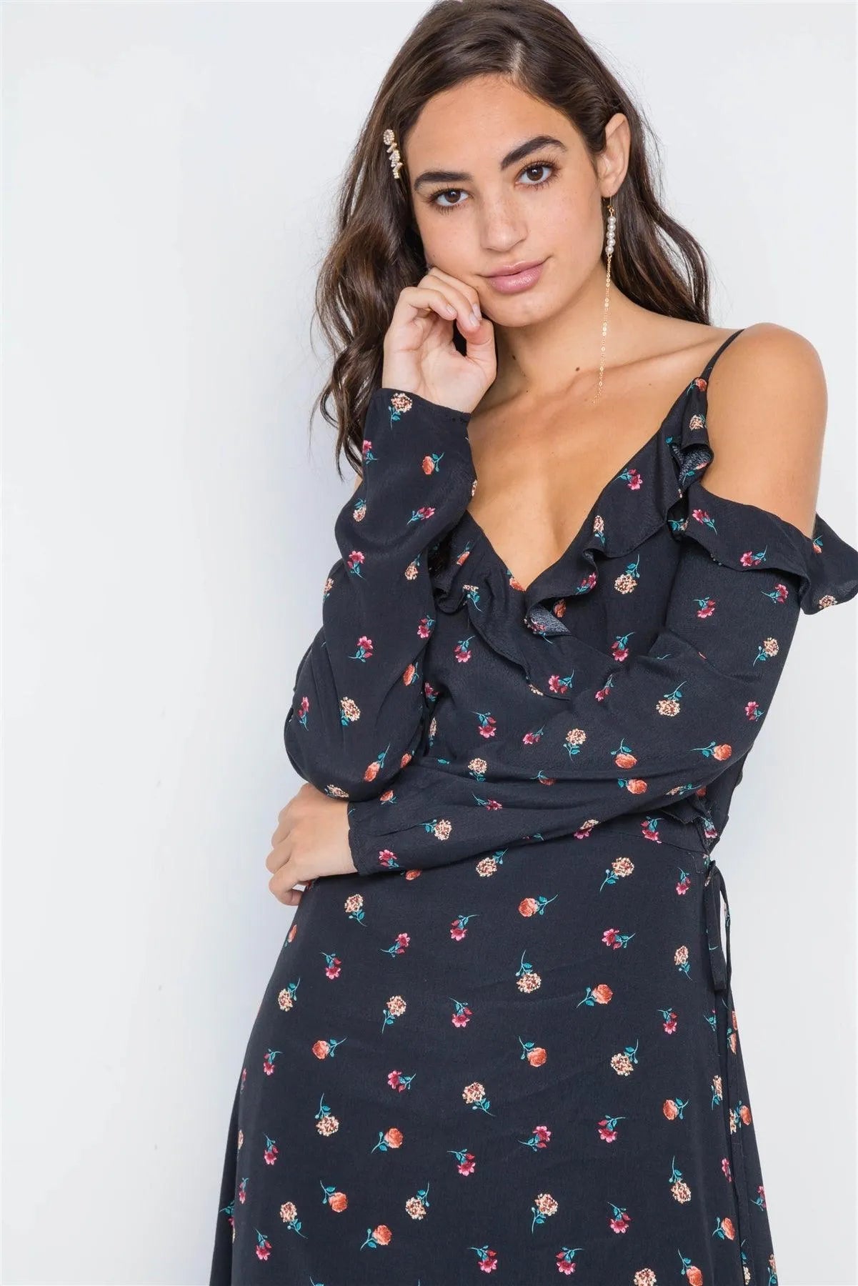 Black Floral Cold Shoulder Mid Wrap Dress /2-2-2 - Tasha Apparel Wholesale