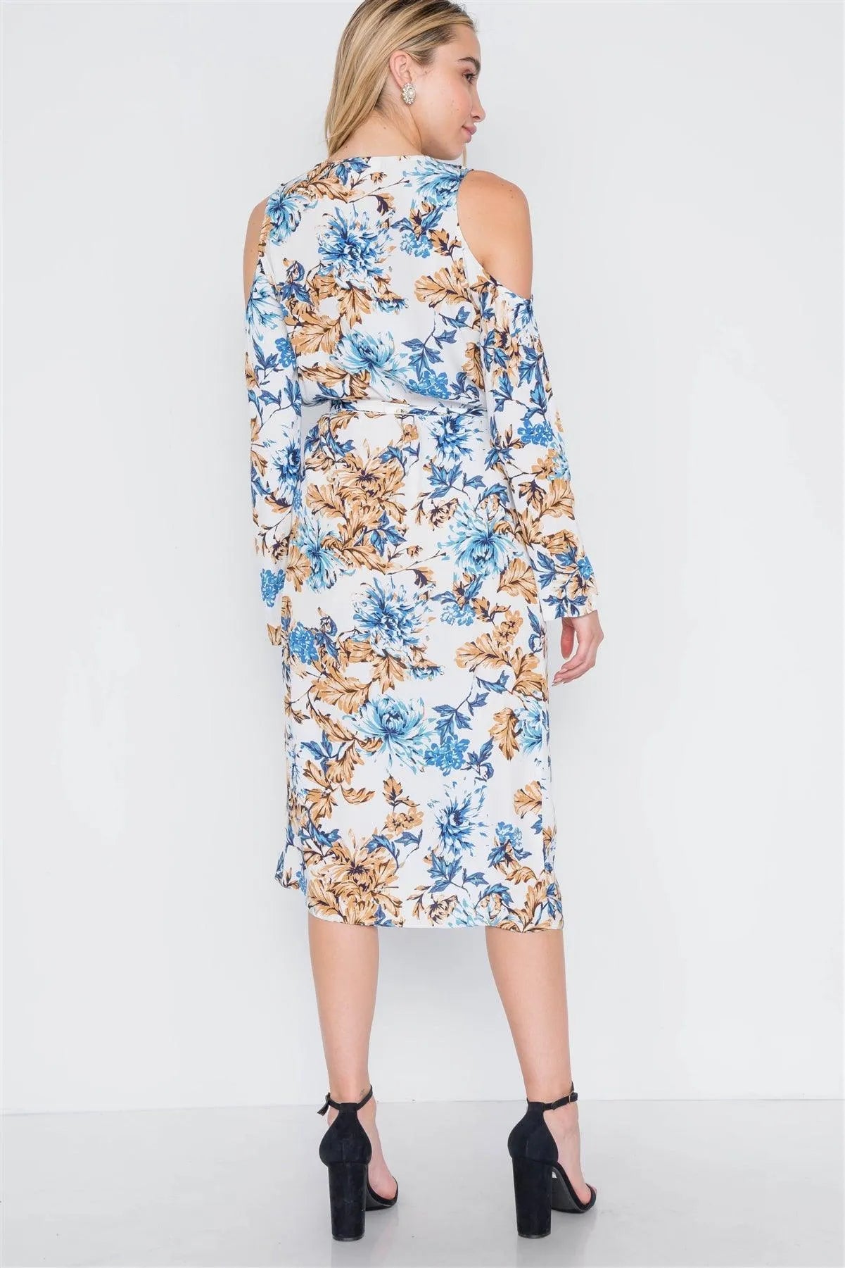 Off White Blue Floral Print Cold Shoulder Midi Dress /2-2-2 - Tasha Apparel Wholesale