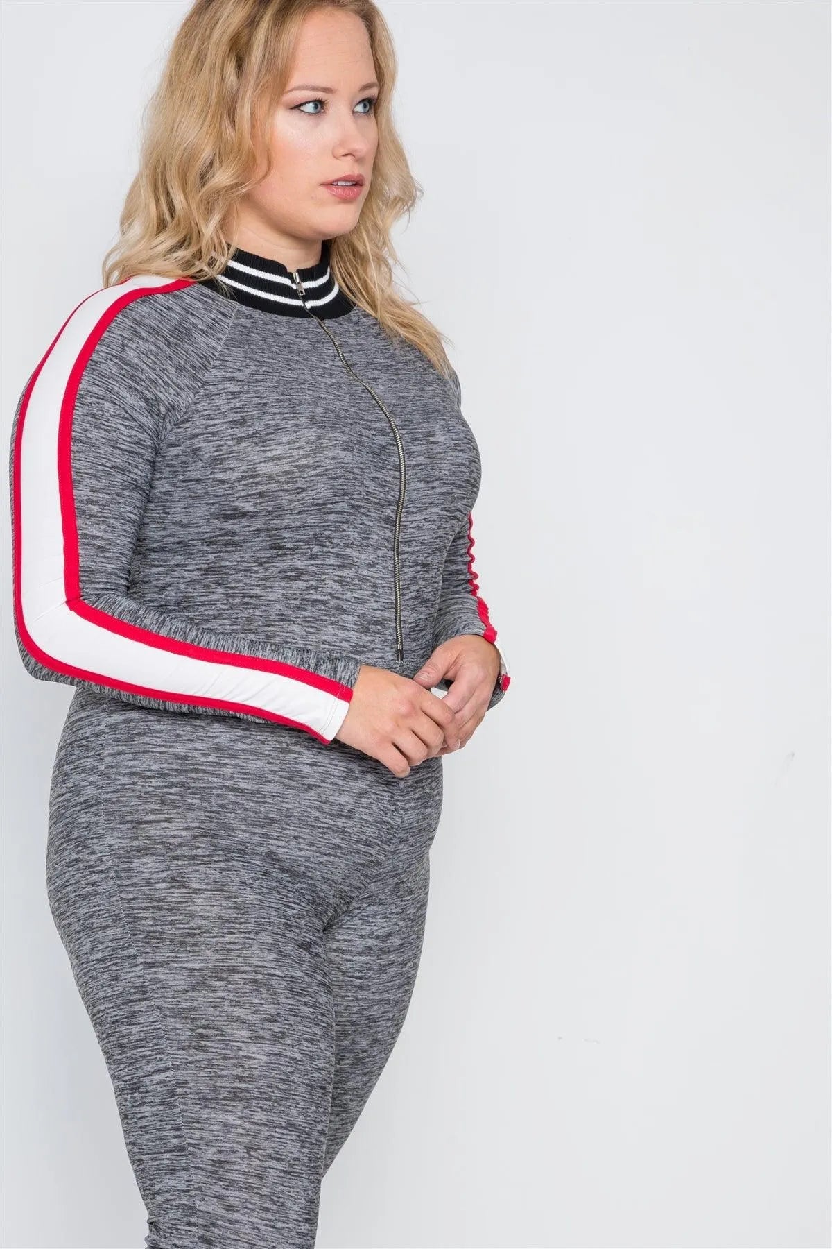 Plus Size Grey Heathered Colorblock Zipper Jumpsuit - Tasha Apparel Wholesale