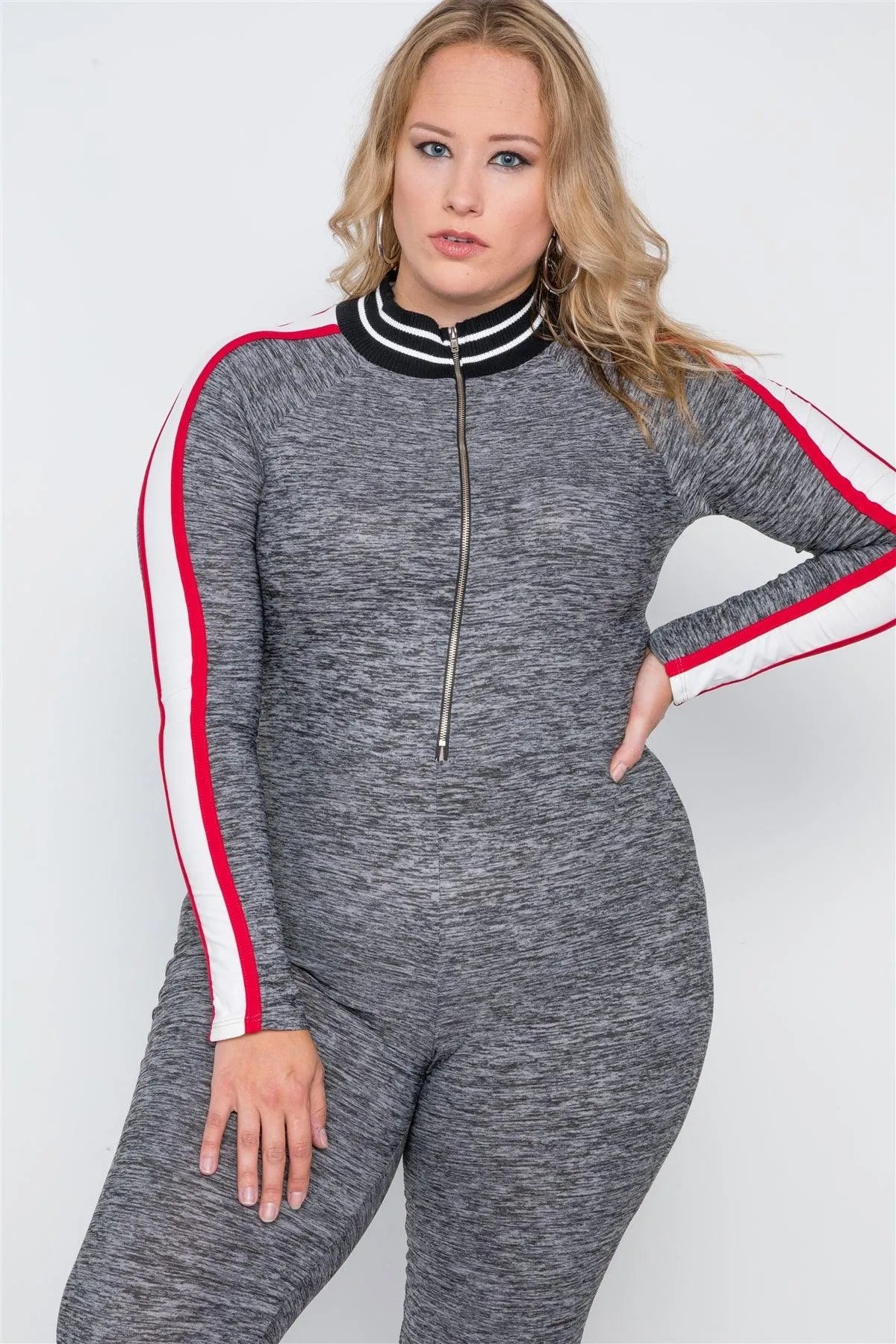 Plus Size Grey Heathered Colorblock Front Zip Jumpsuit - Tasha Apparel Wholesale