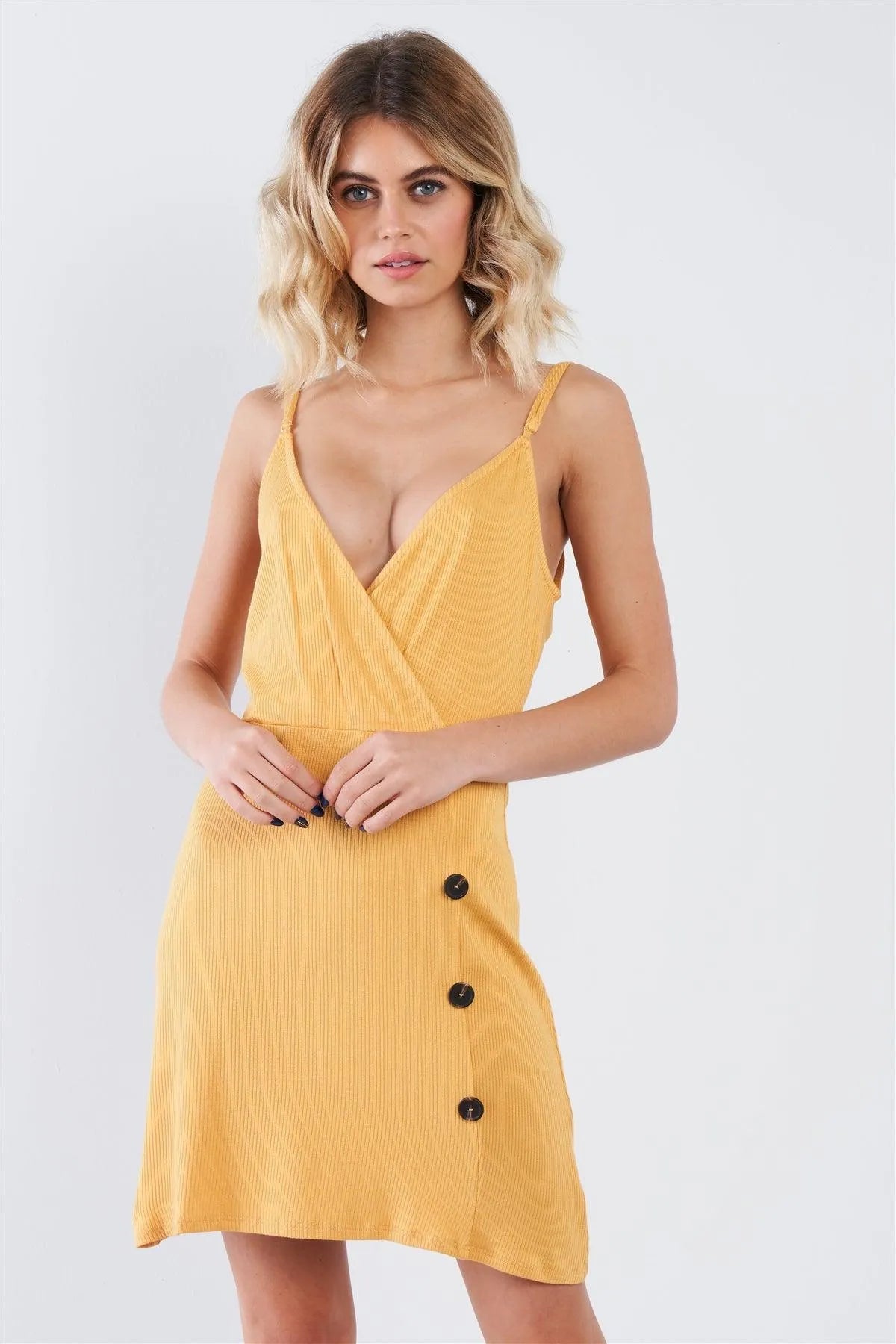 Mustard Yellow V-Neck Mock Side Button Casual Mini Dress - Tasha Apparel Wholesale