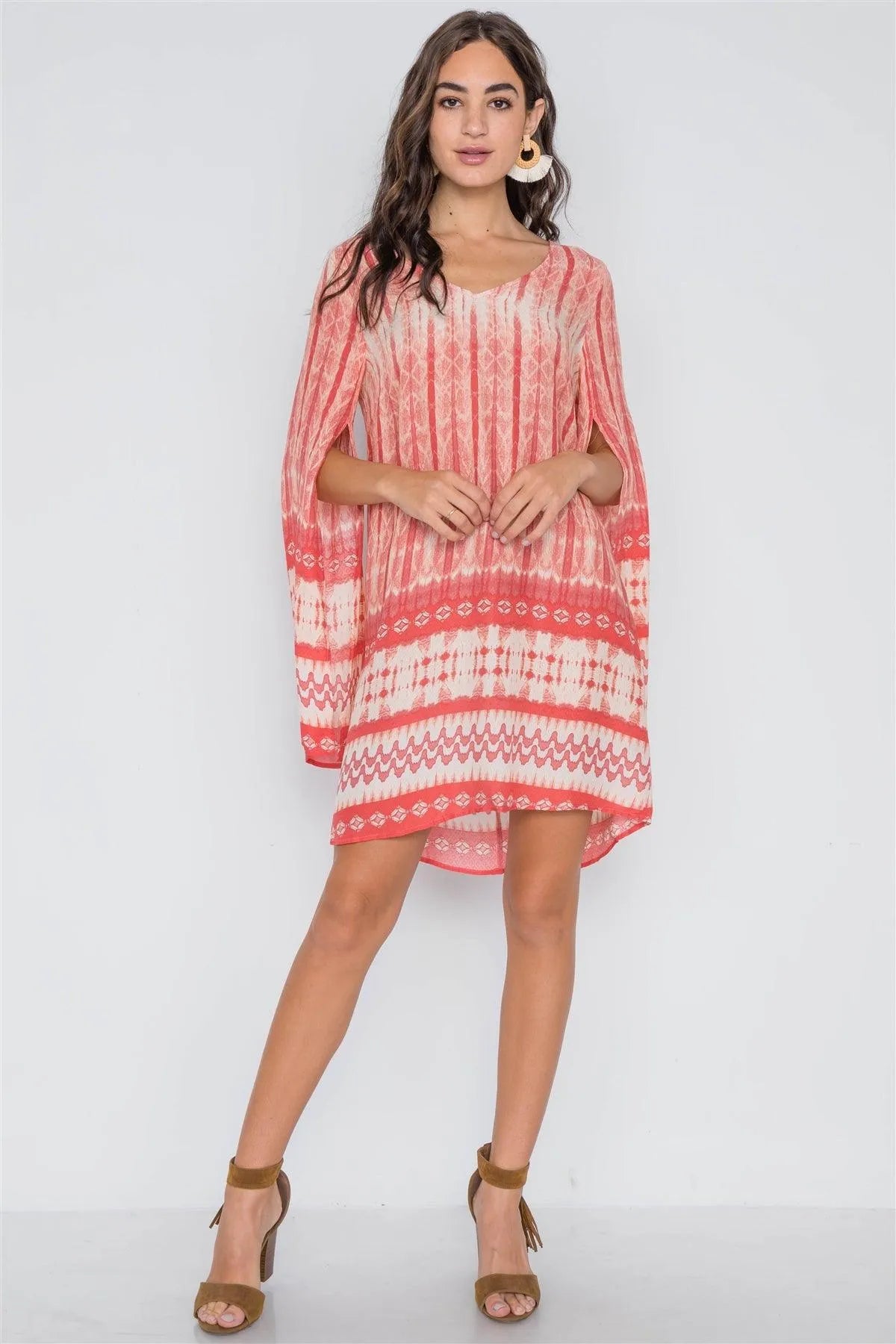 Coral Geo Print Long Slit Sleeves Boho Tunic Dress /3-2-1 - Tasha Apparel Wholesale