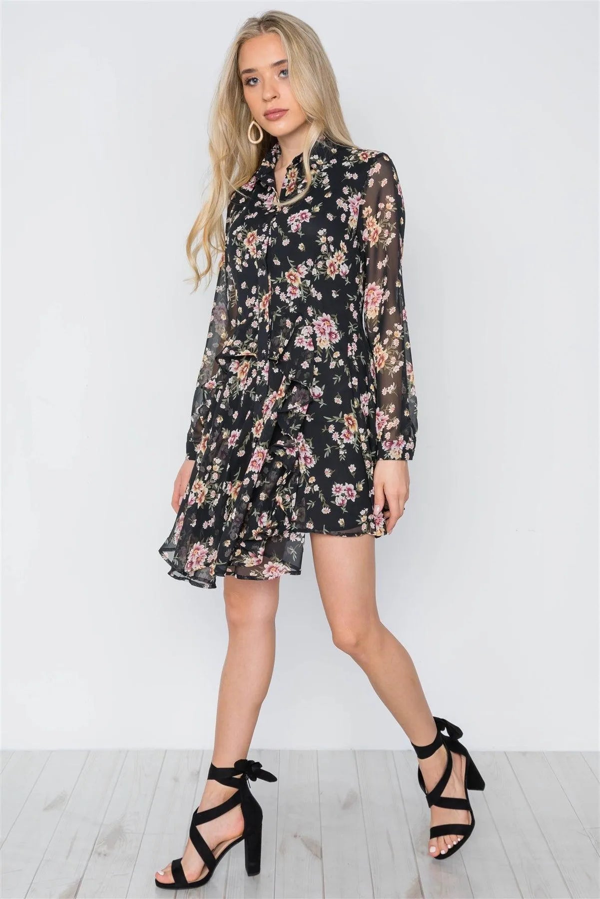 Black Floral Print Long Sleeve Chiffon Flounce Dress / 1-2-2-1 - Tasha Apparel Wholesale