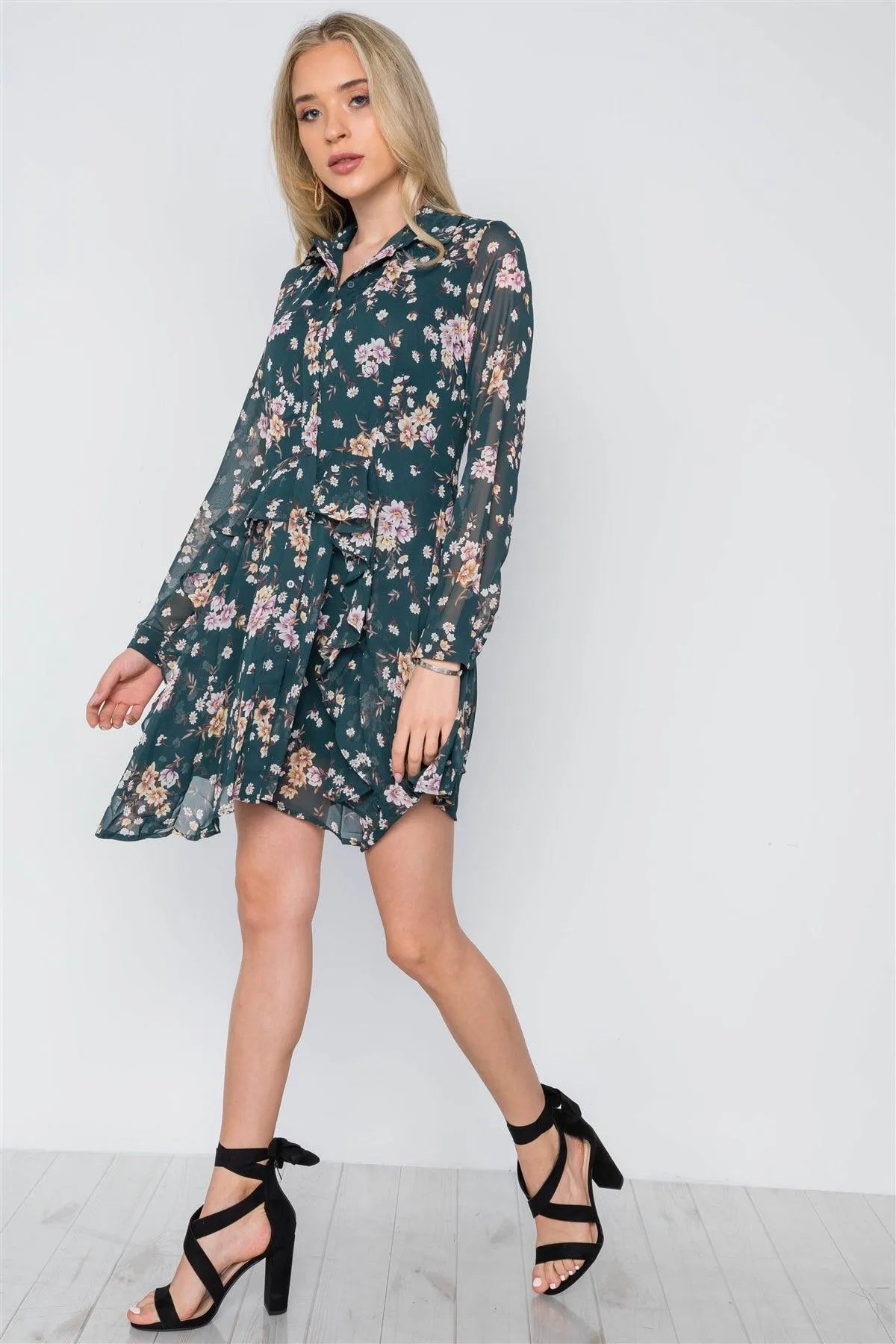 Green Floral Print Long Sleeve Chiffon Flounce Dress /1-2-2-1 - Tasha Apparel Wholesale