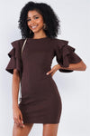 Dark Coffee Brown Tight Fit Multi Layer Frill Short Sleeve Mini Dress