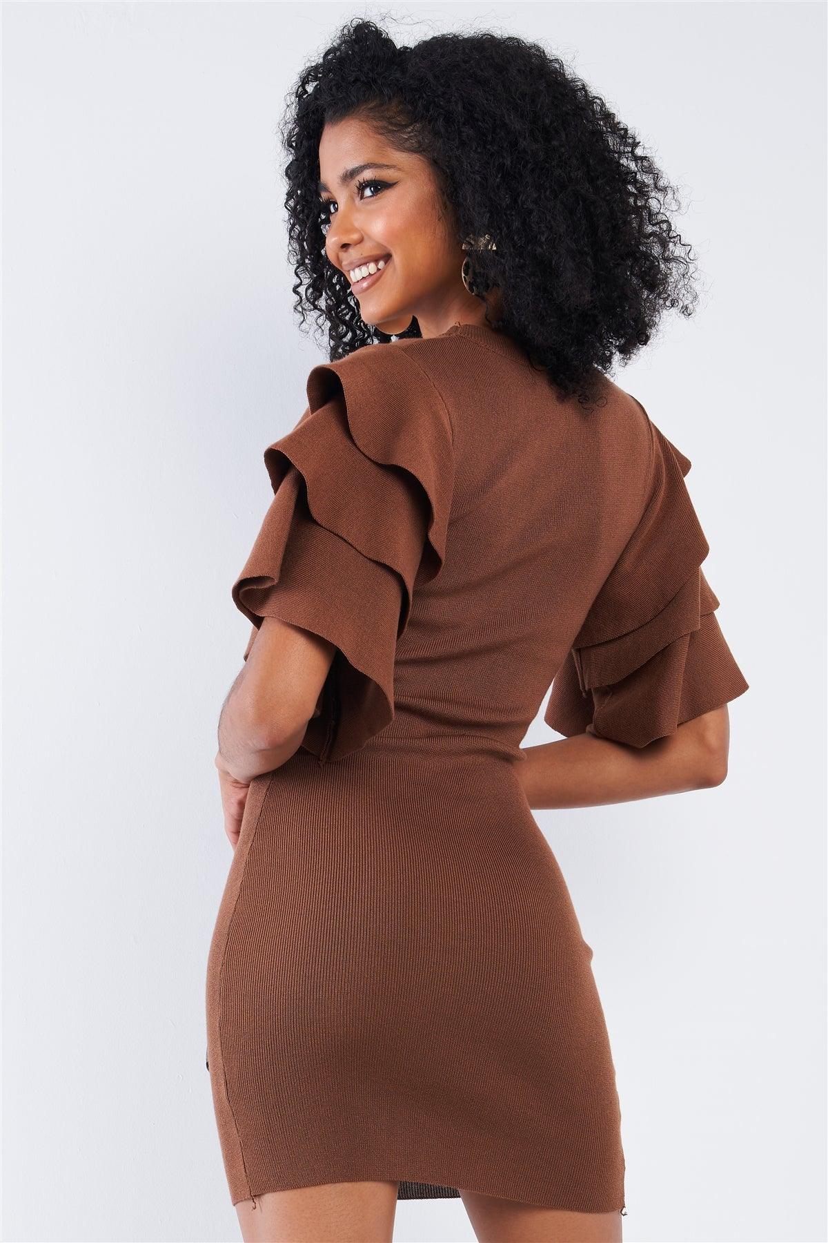 Light Coffee Brown Tight Fit Multi Layer Frill Short Sleeve Mini Dress