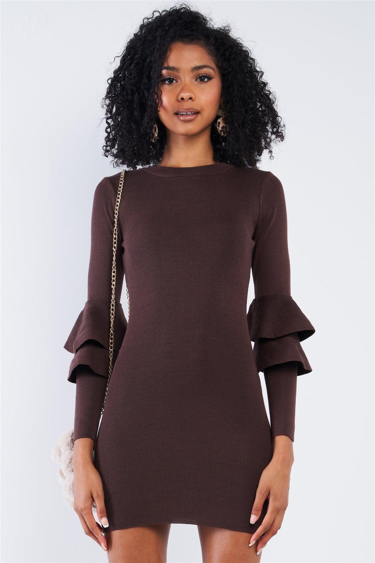 Dark Coffee Brown Body-Con Tight Fit Round Neck Double Frill Sleeve Mini Dress