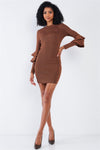 Light Coffee Brown Body-Con Tight Fit Round Neck Double Frill Sleeve Mini Dress